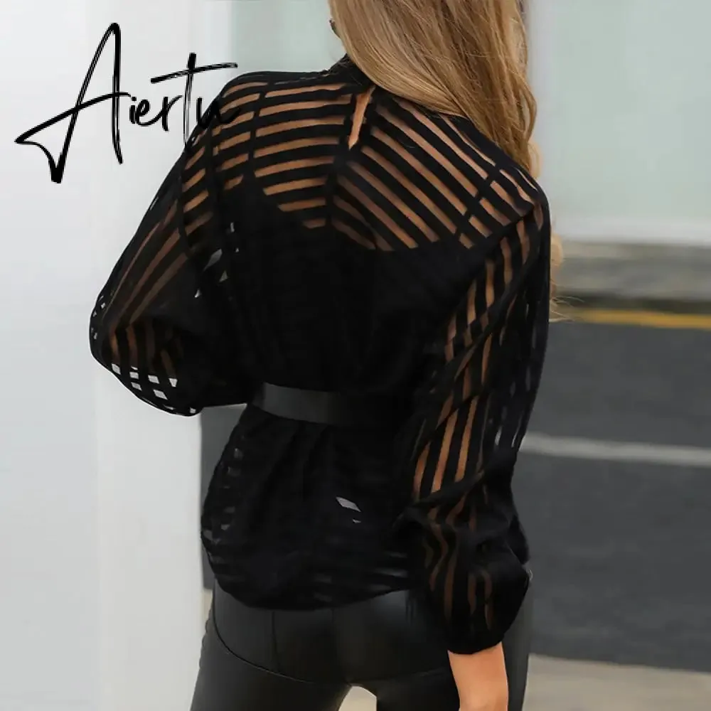 Aiertu Sexy Black Women Mesh Sheer Blouses Ladies Long Sleeve Striped Front Hollow Out Transparent Shirts Blusas Mujer Camisas