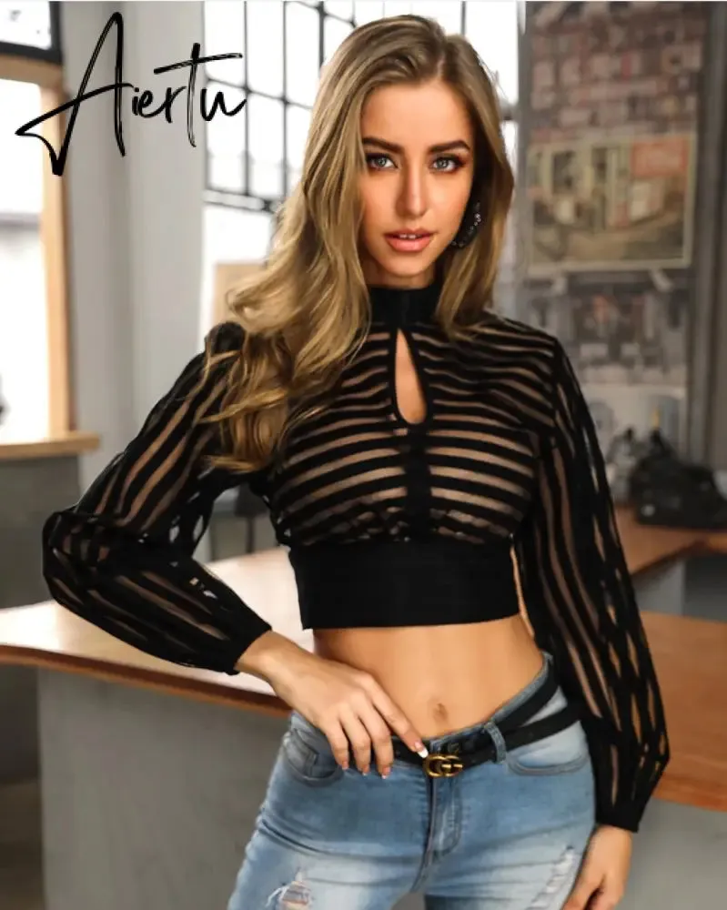 Aiertu Sexy Black Women Mesh Sheer Blouses Ladies Long Sleeve Striped Front Hollow Out Transparent Shirts Blusas Mujer Camisas