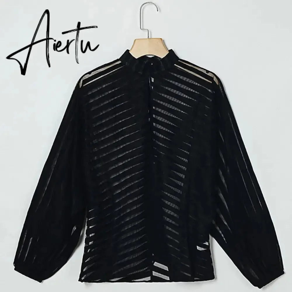 Aiertu Sexy Black Women Mesh Sheer Blouses Ladies Long Sleeve Striped Front Hollow Out Transparent Shirts Blusas Mujer Camisas