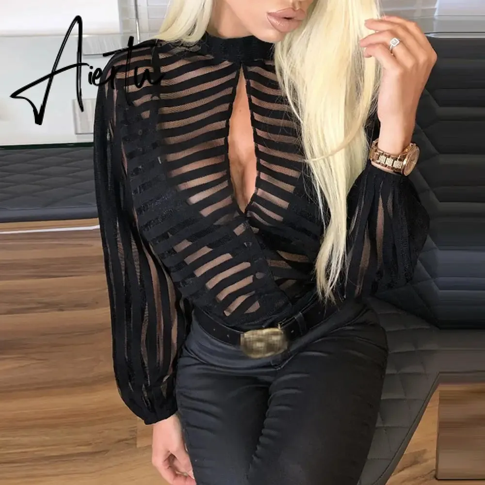Aiertu Sexy Black Women Mesh Sheer Blouses Ladies Long Sleeve Striped Front Hollow Out Transparent Shirts Blusas Mujer Camisas