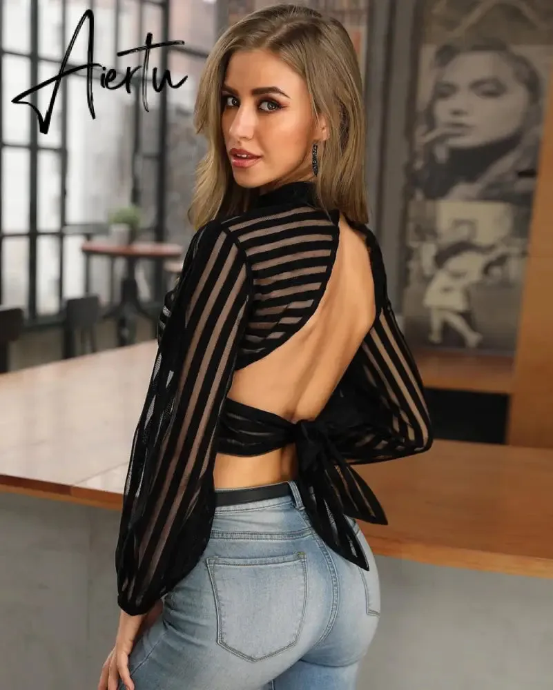 Aiertu Sexy Black Women Mesh Sheer Blouses Ladies Long Sleeve Striped Front Hollow Out Transparent Shirts Blusas Mujer Camisas
