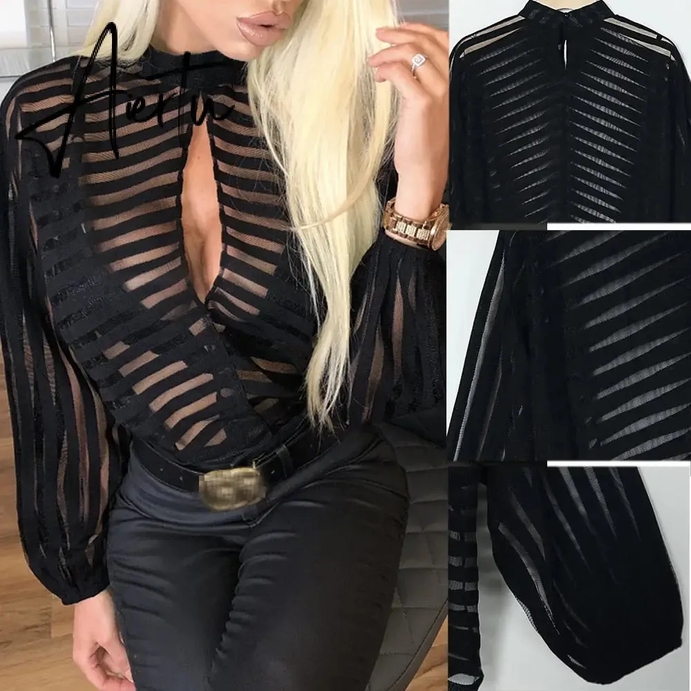 Aiertu Sexy Black Women Mesh Sheer Blouses Ladies Long Sleeve Striped Front Hollow Out Transparent Shirts Blusas Mujer Camisas