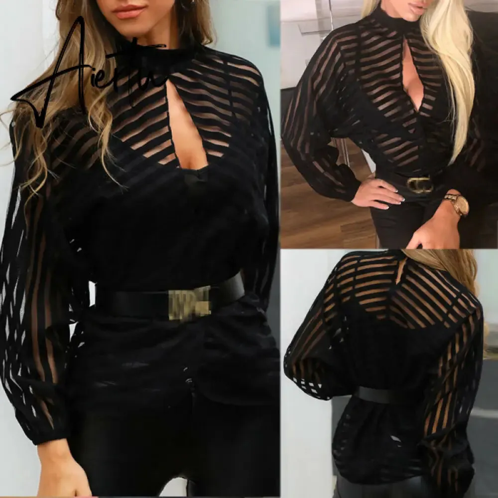 Aiertu Sexy Black Women Mesh Sheer Blouses Ladies Long Sleeve Striped Front Hollow Out Transparent Shirts Blusas Mujer Camisas