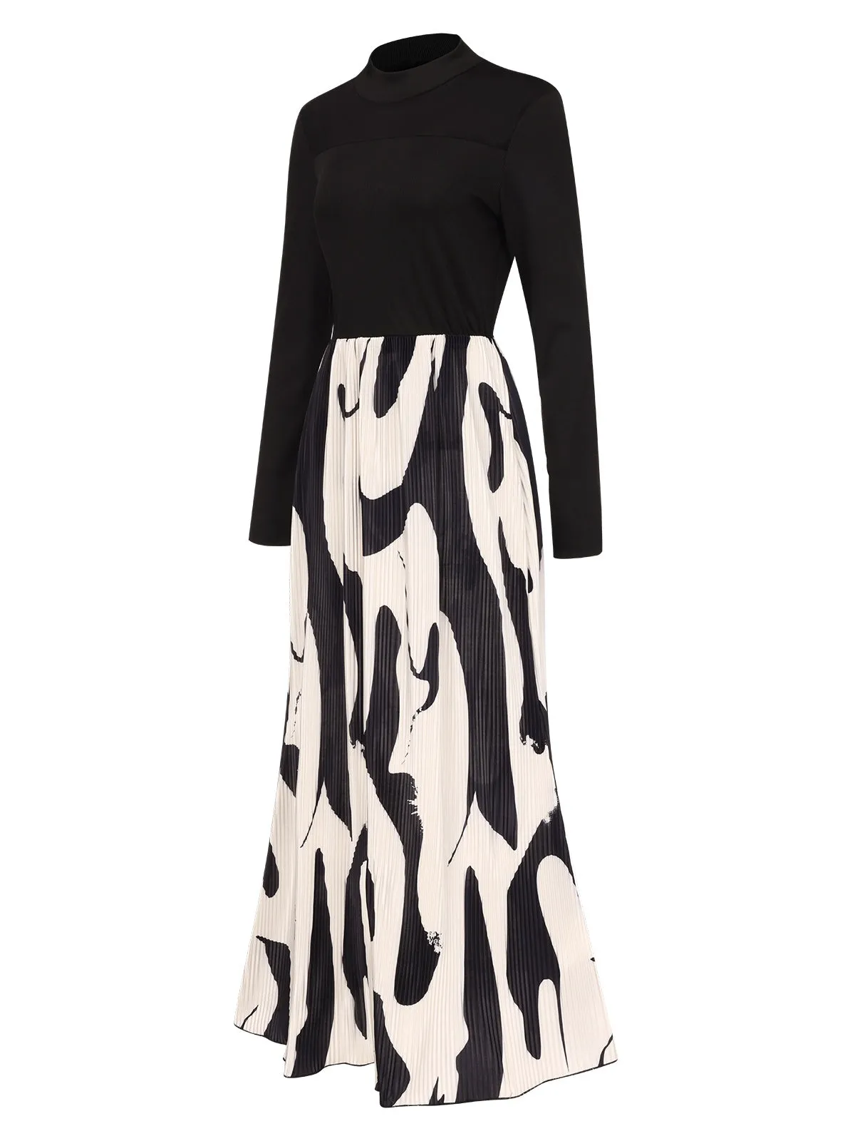 Black 1930s Chinese Painting Sheer Neck Dress