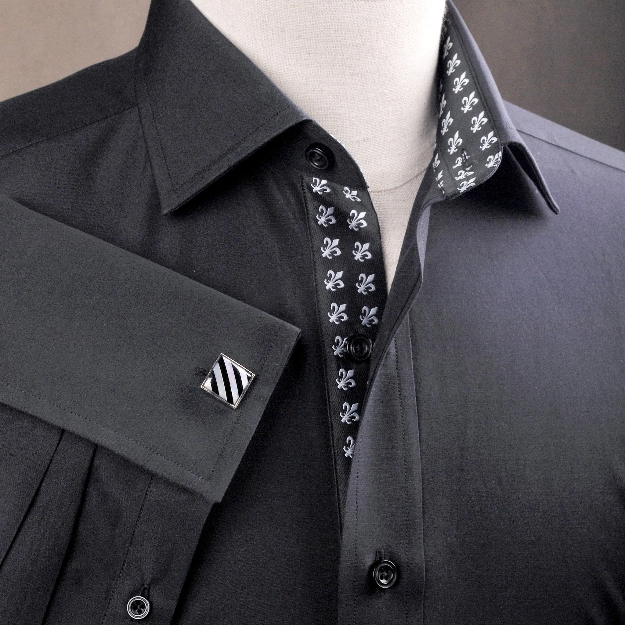 Black Poplin Formal Business Dress Shirt Fleur-De-Lis Floral Crest Fashion