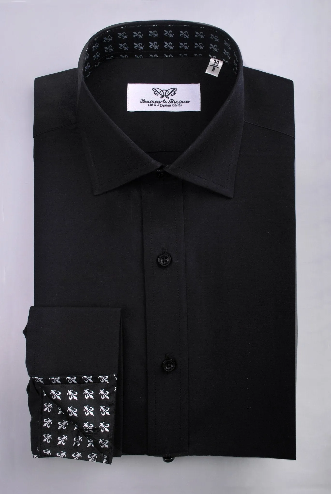 Black Poplin Formal Business Dress Shirt Fleur-De-Lis Floral Crest Fashion