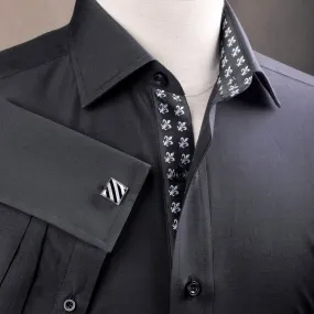 Black Poplin Formal Business Dress Shirt Fleur-De-Lis Floral Crest Fashion