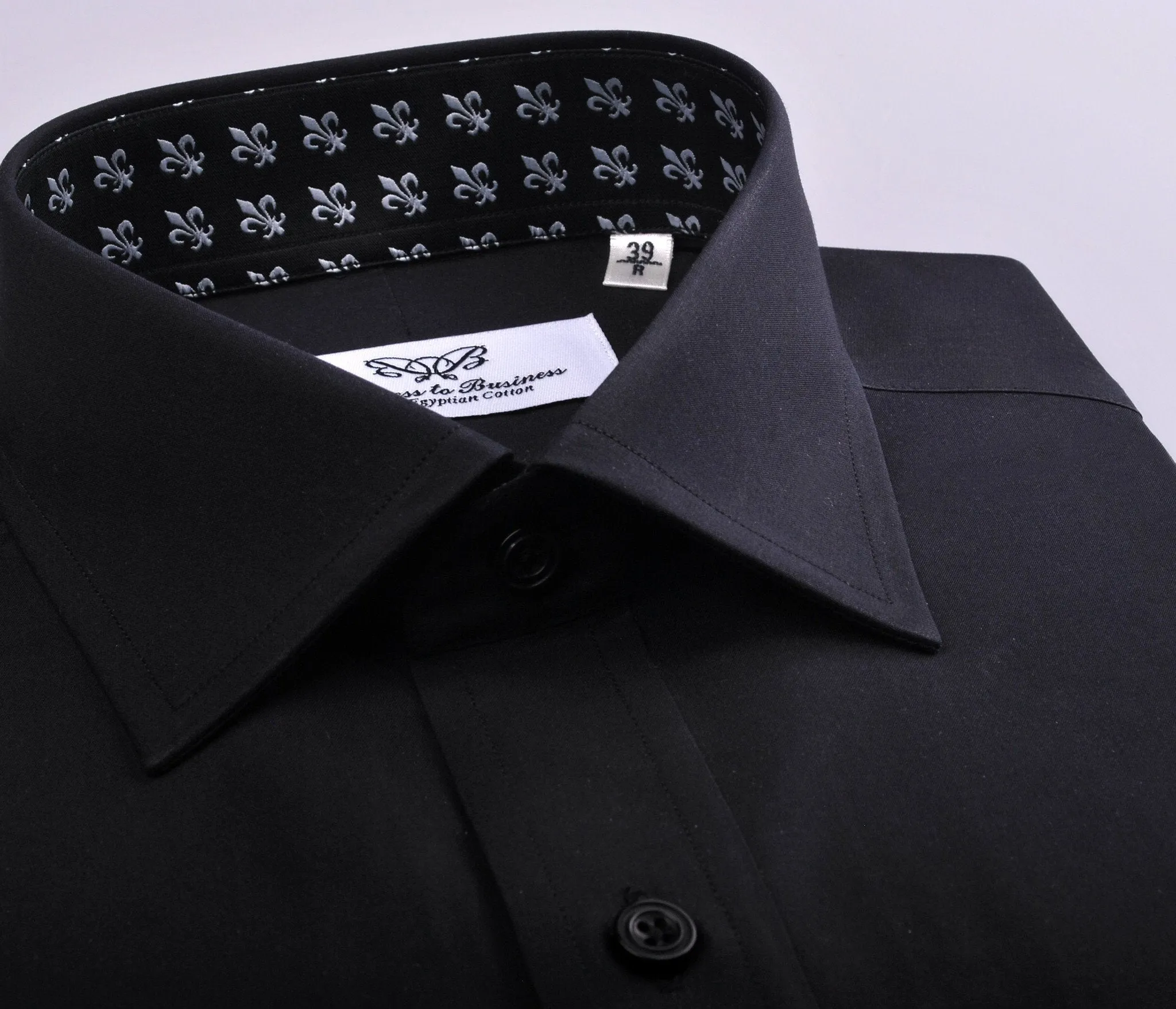 Black Poplin Formal Business Dress Shirt Fleur-De-Lis Floral Crest Fashion