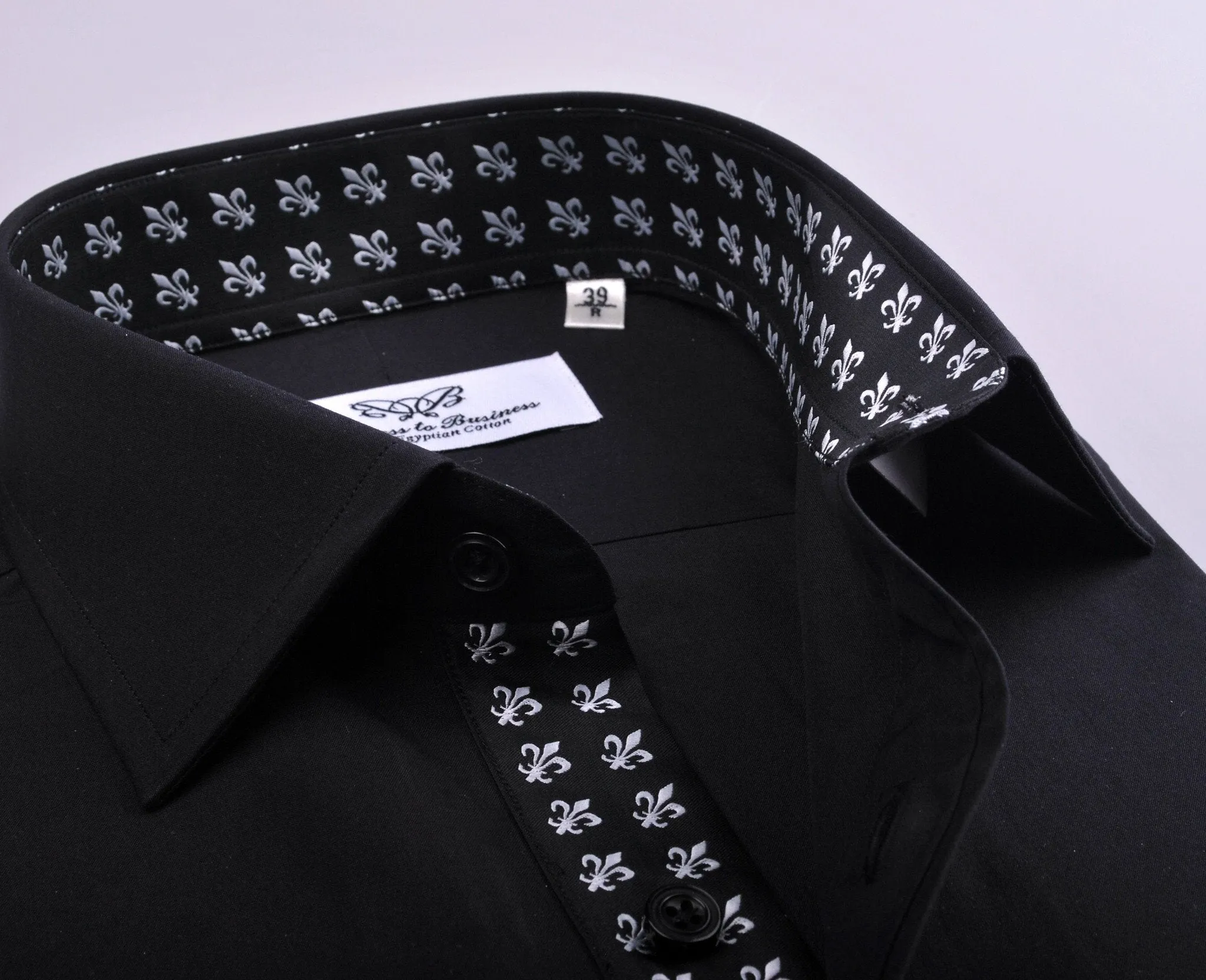 Black Poplin Formal Business Dress Shirt Fleur-De-Lis Floral Crest Fashion