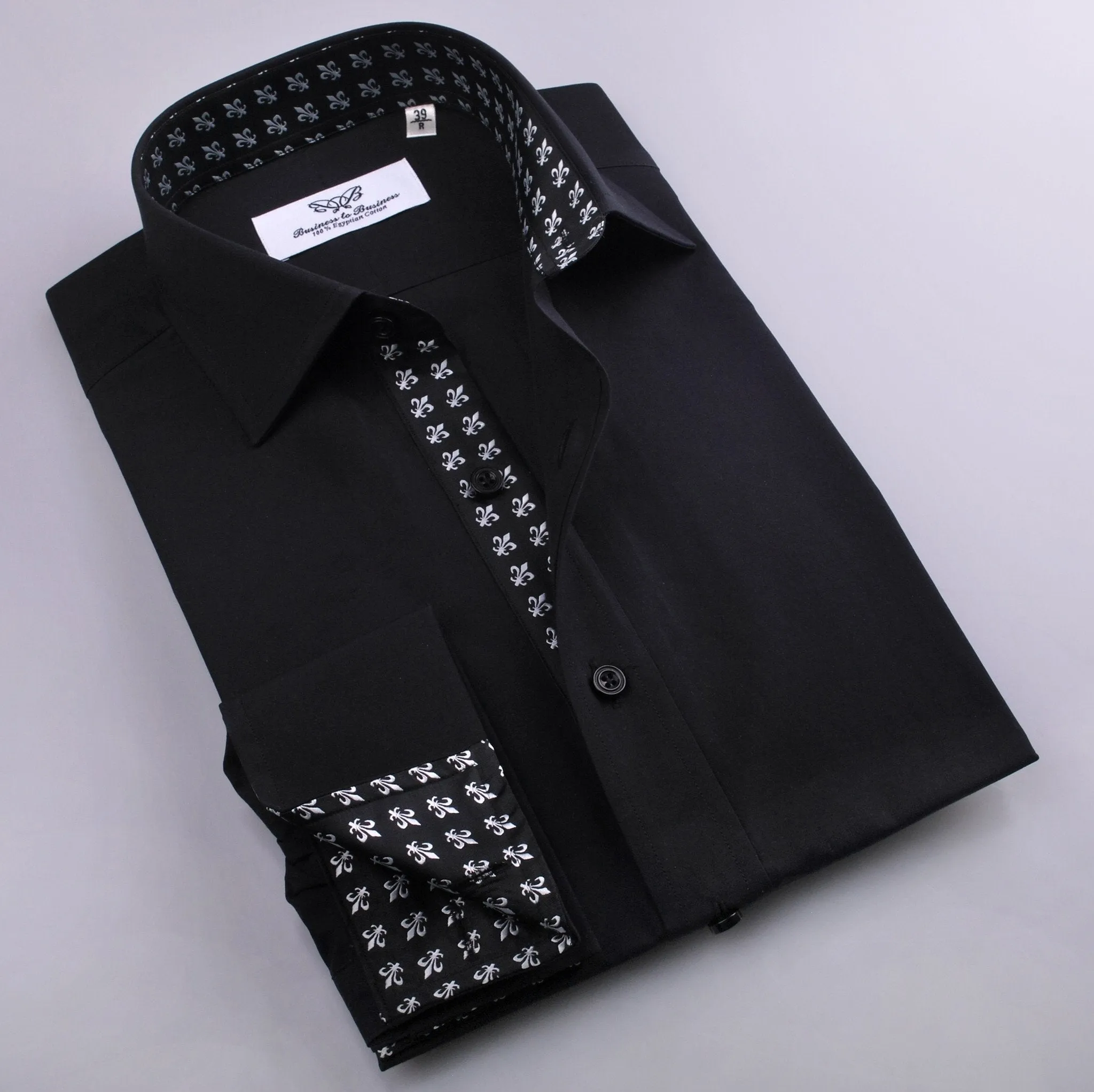 Black Poplin Formal Business Dress Shirt Fleur-De-Lis Floral Crest Fashion