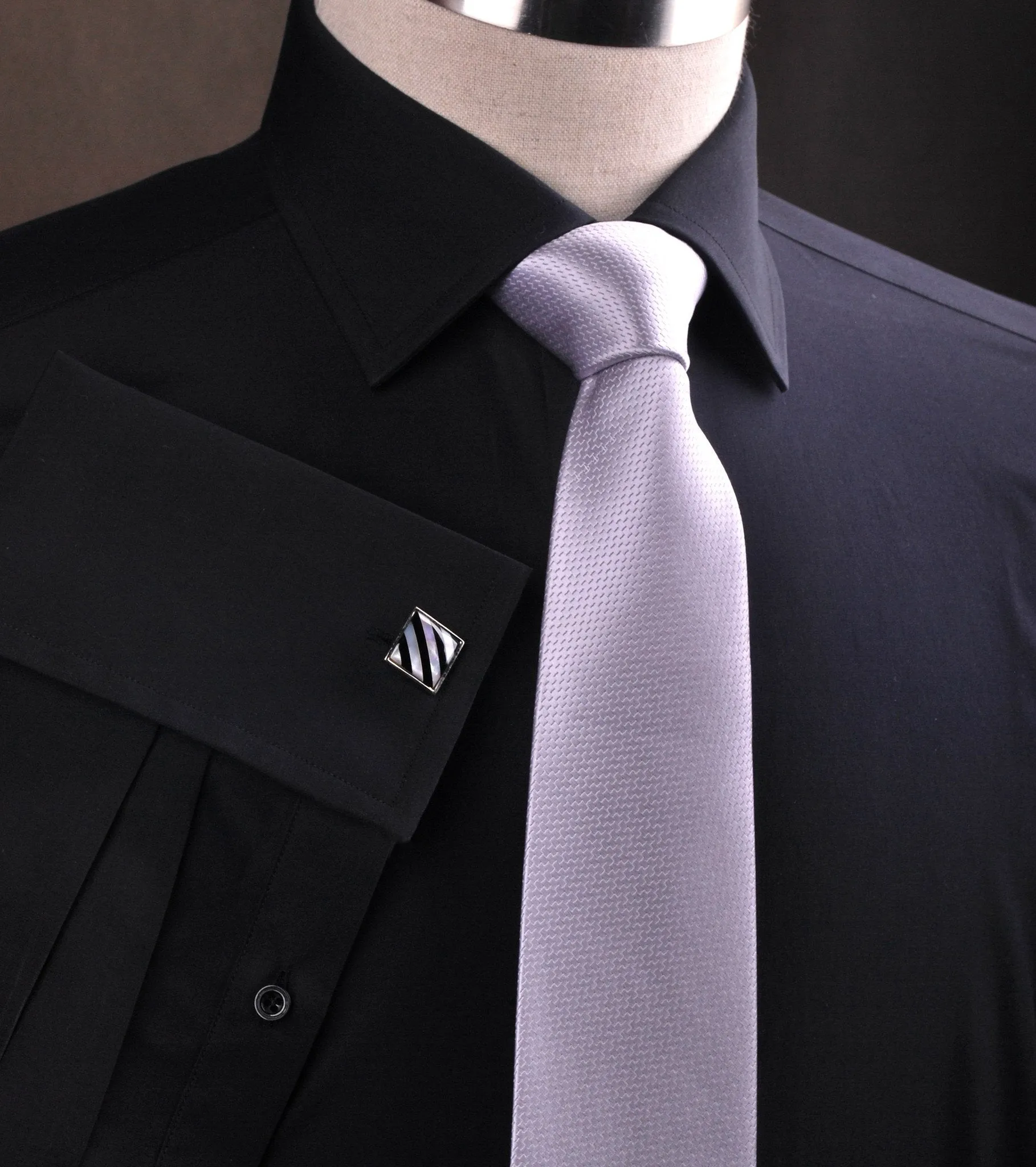 Black Poplin Formal Business Dress Shirt Fleur-De-Lis Floral Crest Fashion