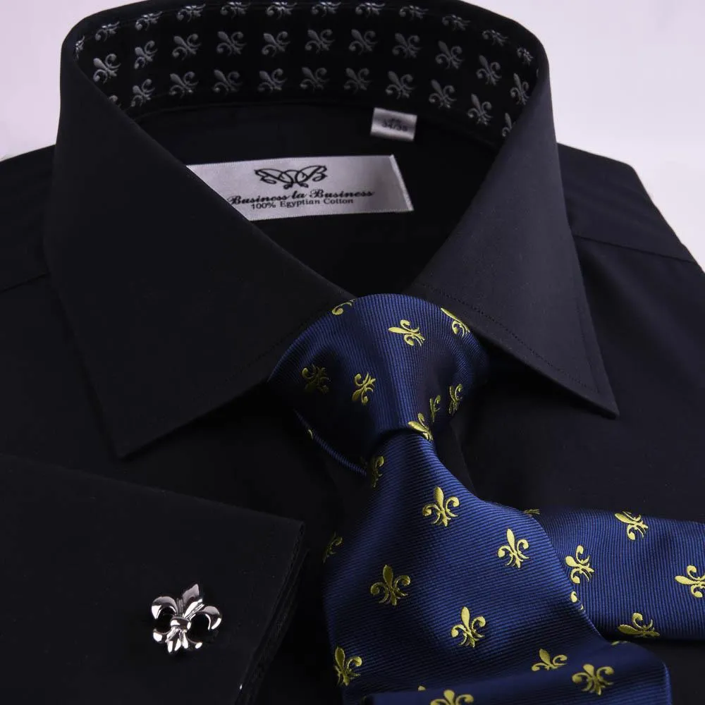 Black Poplin Formal Business Dress Shirt Fleur-De-Lis Floral Inner Lining Fashion