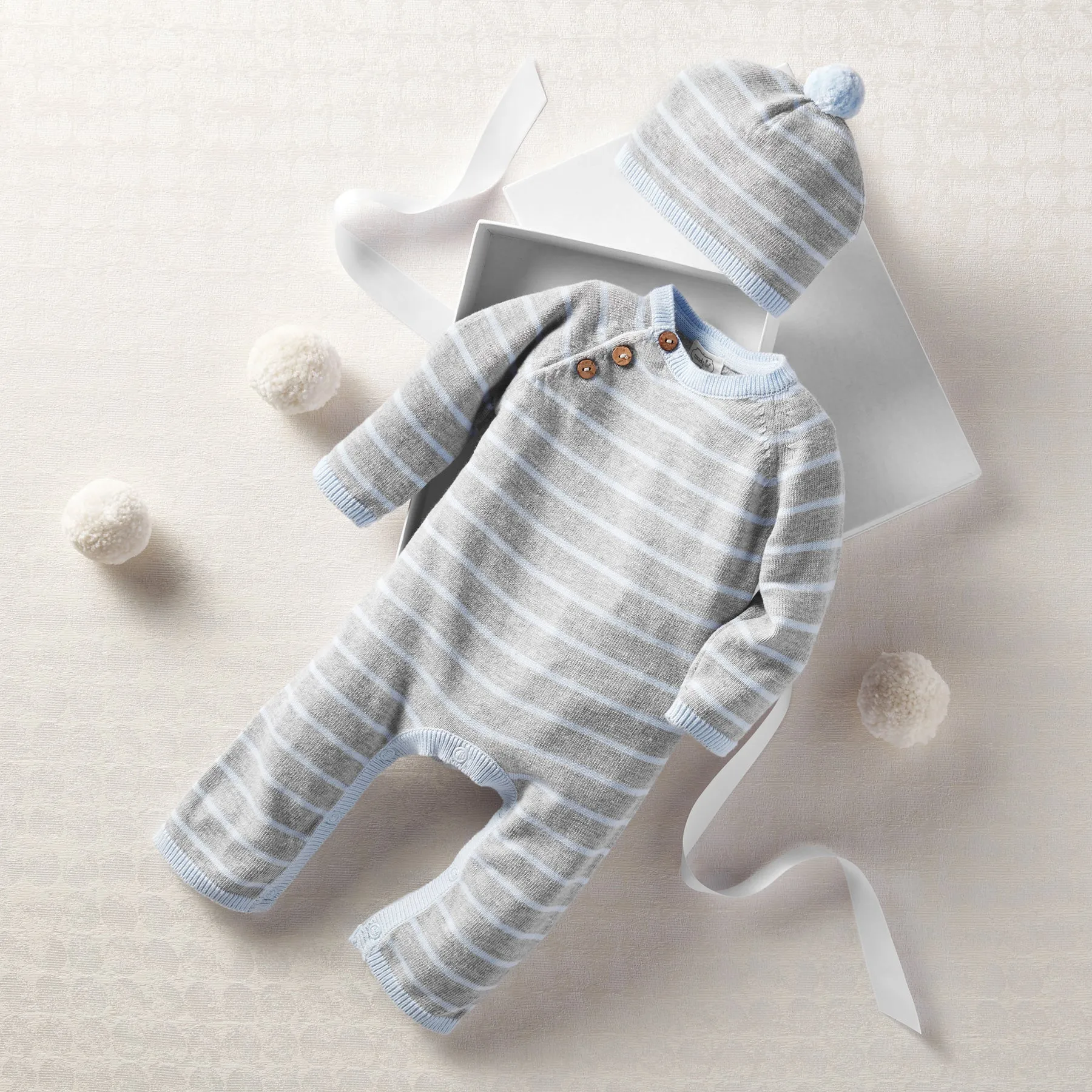 Blue Grey Knitted Coverall & Pom Hat Gift Set