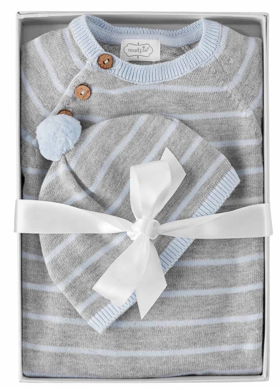 Blue Grey Knitted Coverall & Pom Hat Gift Set