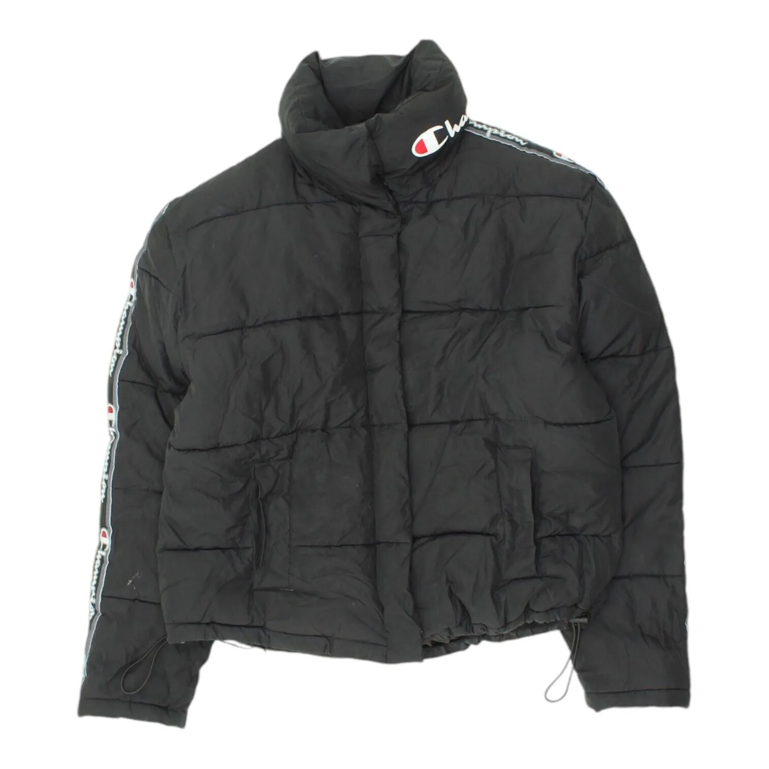 Champion Womens Black Tape Logo Puffer Jacket | Vintage Designer Sportswear