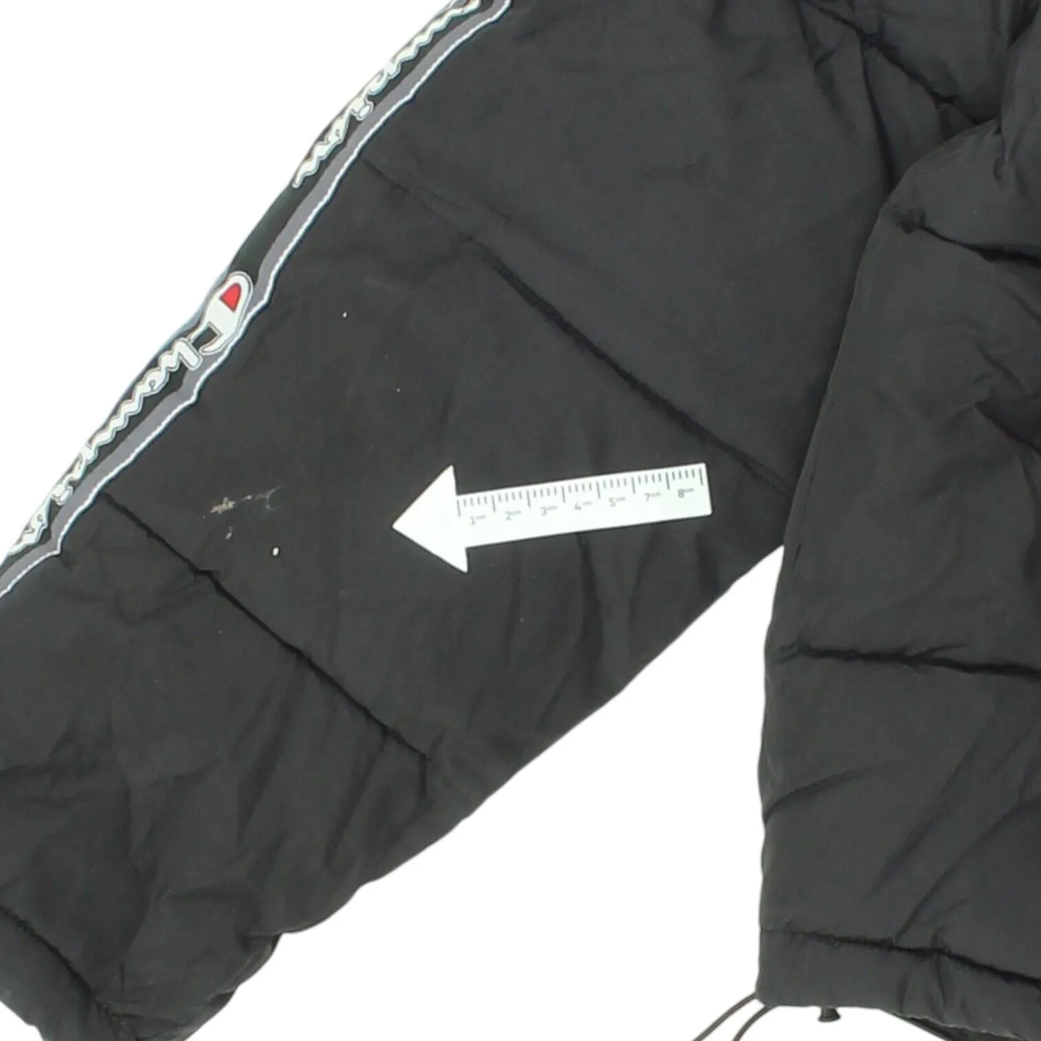 Champion Womens Black Tape Logo Puffer Jacket | Vintage Designer Sportswear