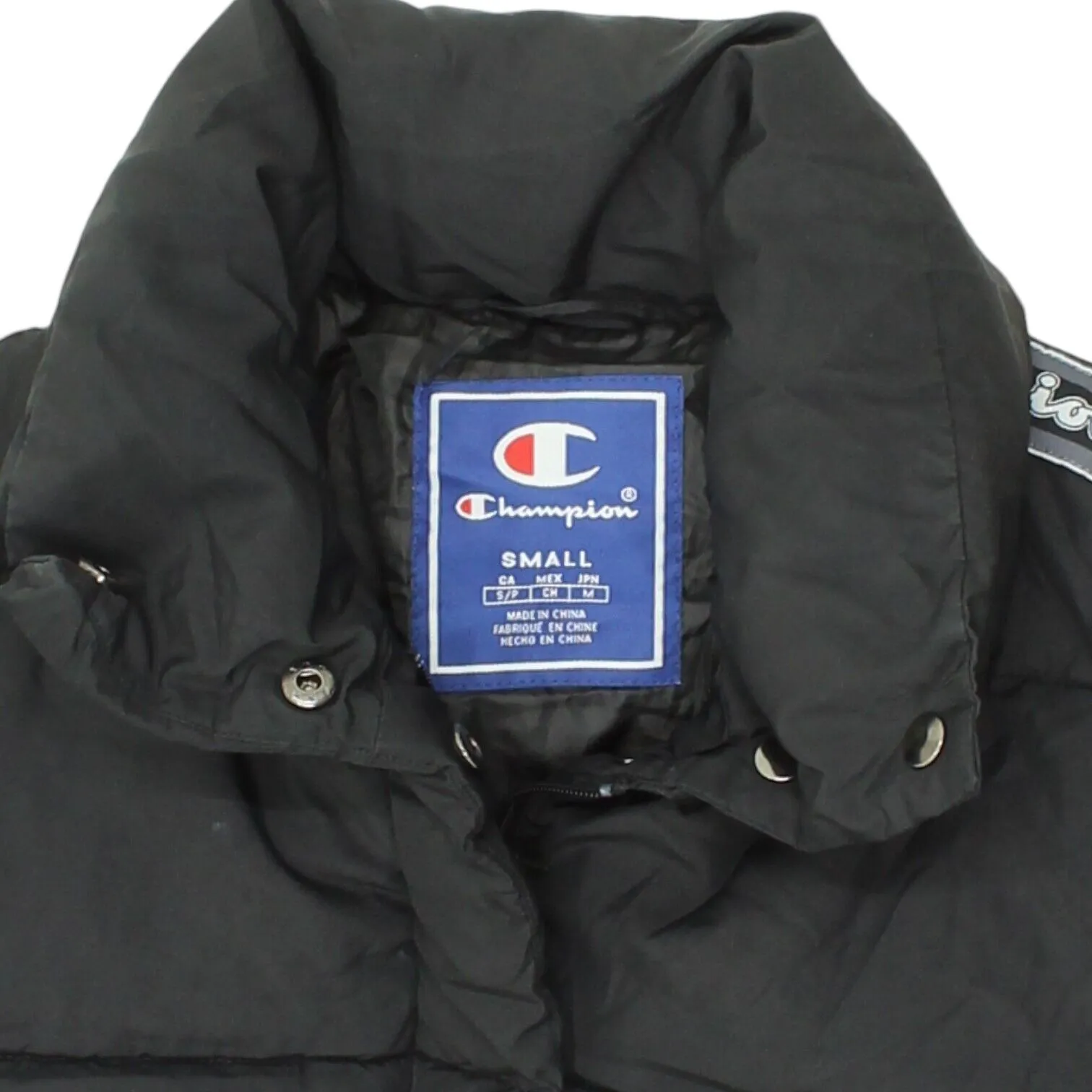 Champion Womens Black Tape Logo Puffer Jacket | Vintage Designer Sportswear