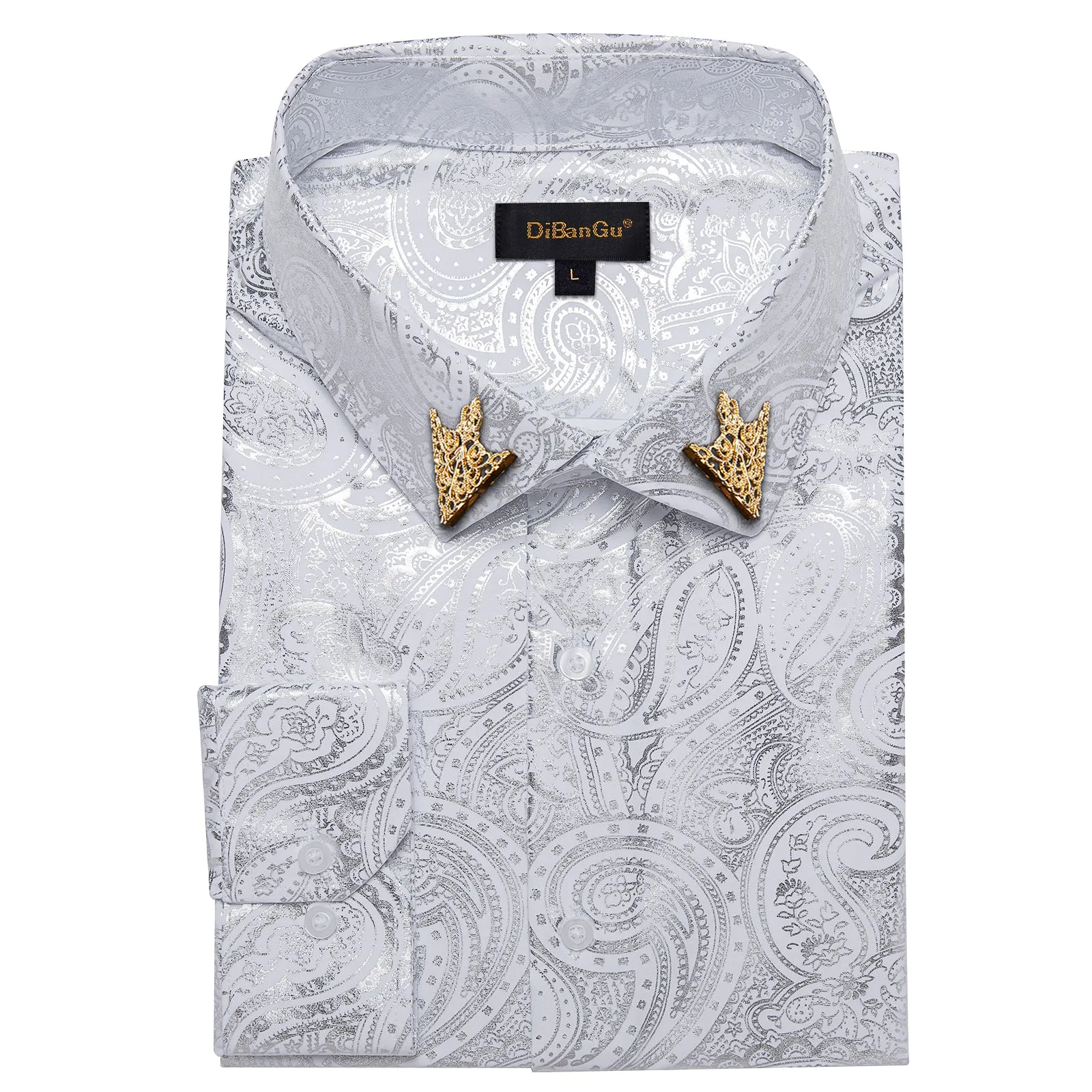 DiBanGu Light Grey Paisley Hot Stamping Button Up Long Sleeve Shirt for Men