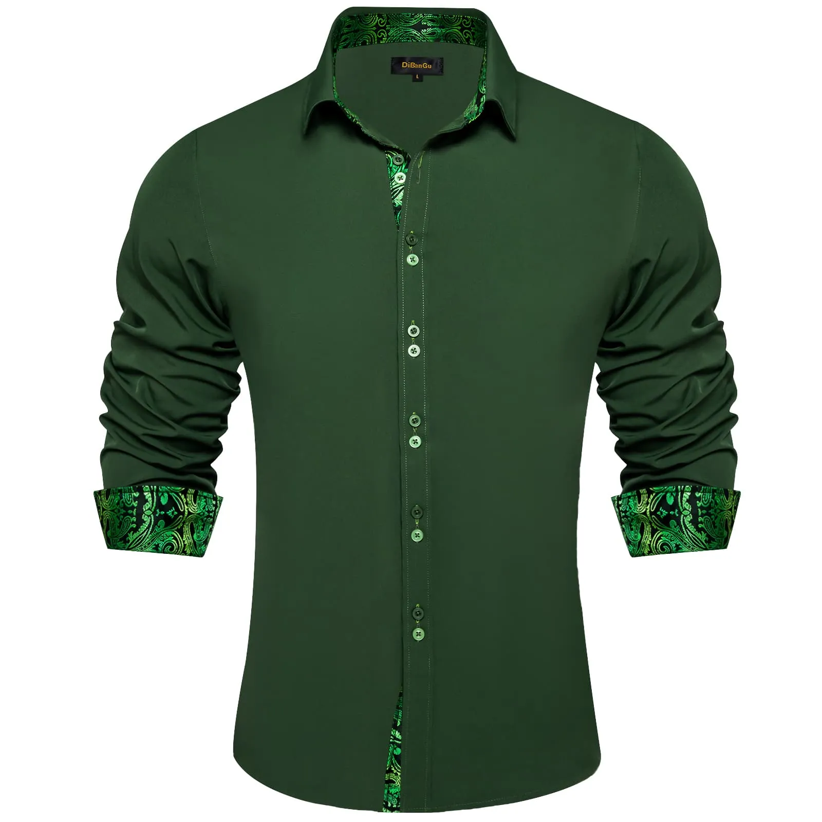 DiBanGu Mens Dress Shirt Solid Pine Green Splicing Silk Button Down Shirt