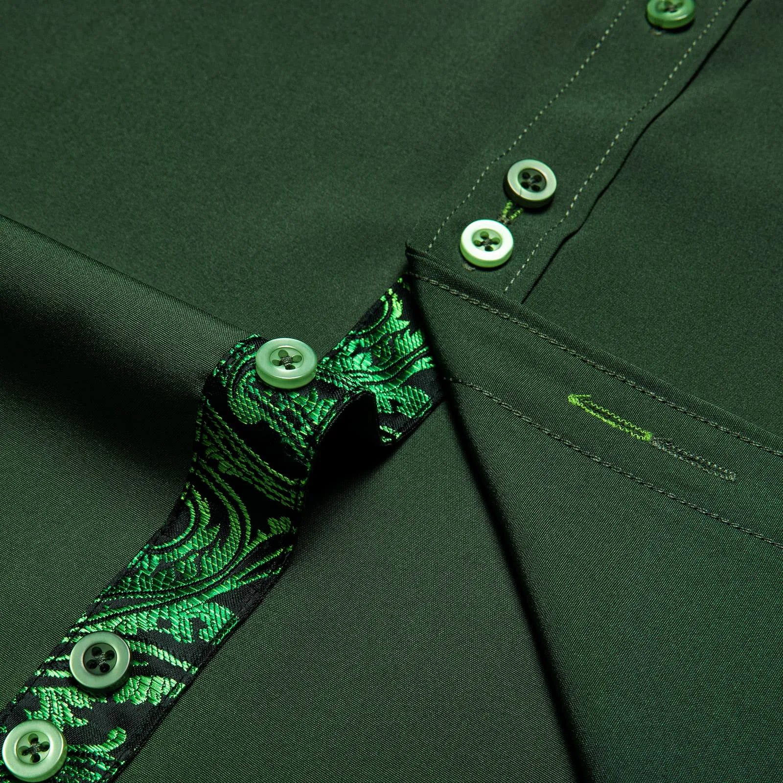 DiBanGu Mens Dress Shirt Solid Pine Green Splicing Silk Button Down Shirt