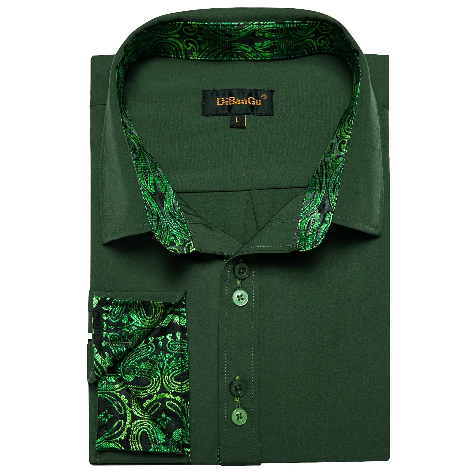DiBanGu Mens Dress Shirt Solid Pine Green Splicing Silk Button Down Shirt