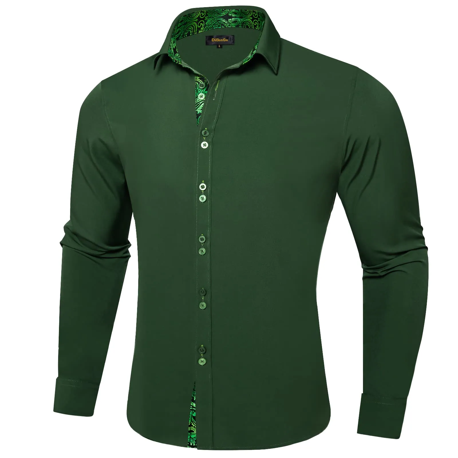 DiBanGu Mens Dress Shirt Solid Pine Green Splicing Silk Button Down Shirt