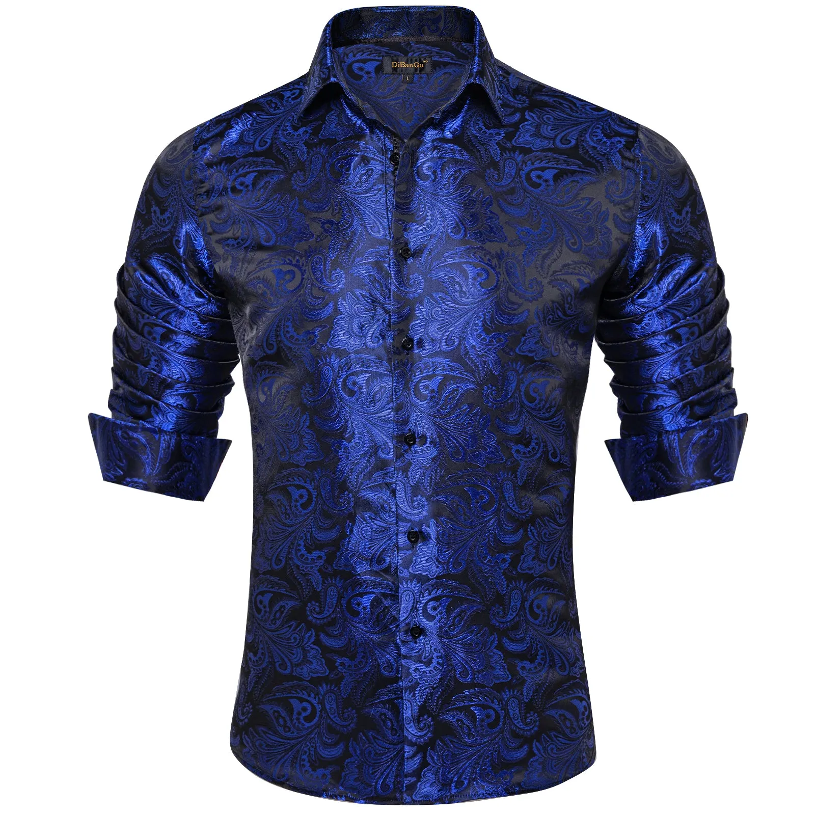 DiBanGu Shirts for Men Blue Floral Silk Men's Long Sleeve Shirt