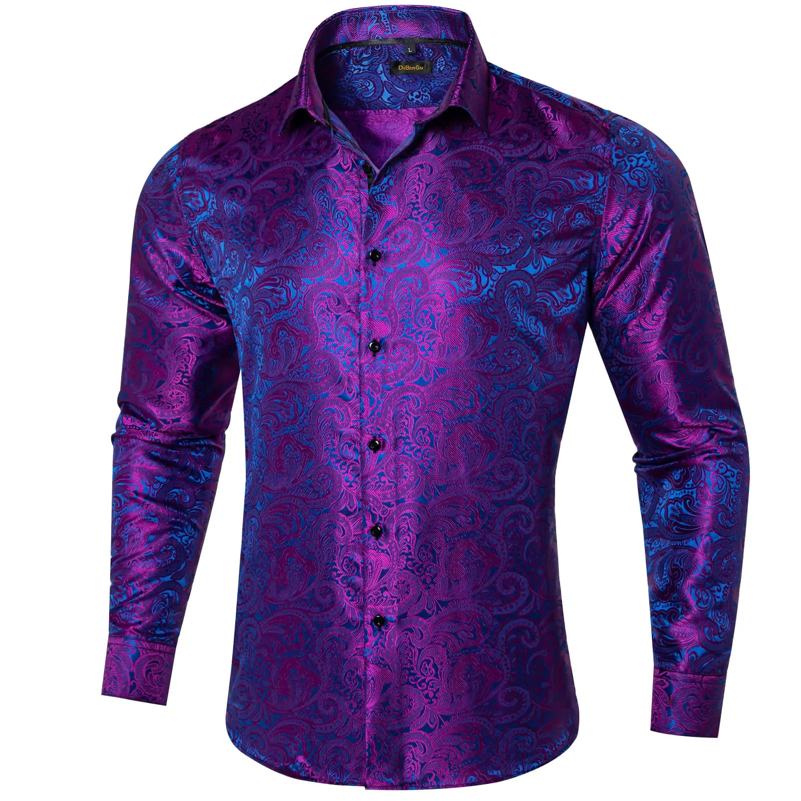 DiBanGu Tuxedo Shirt Purple Blue Floral Silk Button Up Men's Long Sleeve Dress Shirt