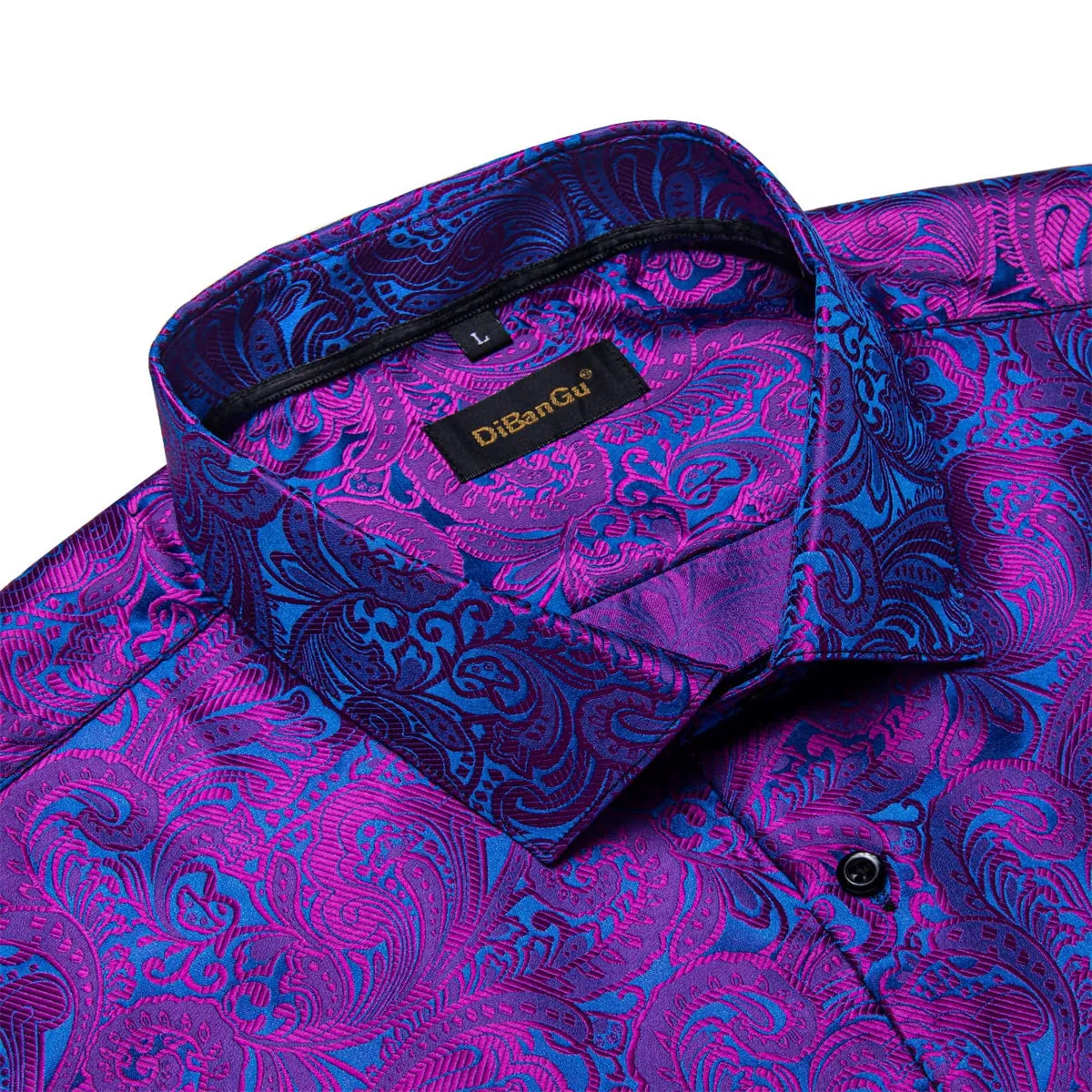 DiBanGu Tuxedo Shirt Purple Blue Floral Silk Button Up Men's Long Sleeve Dress Shirt