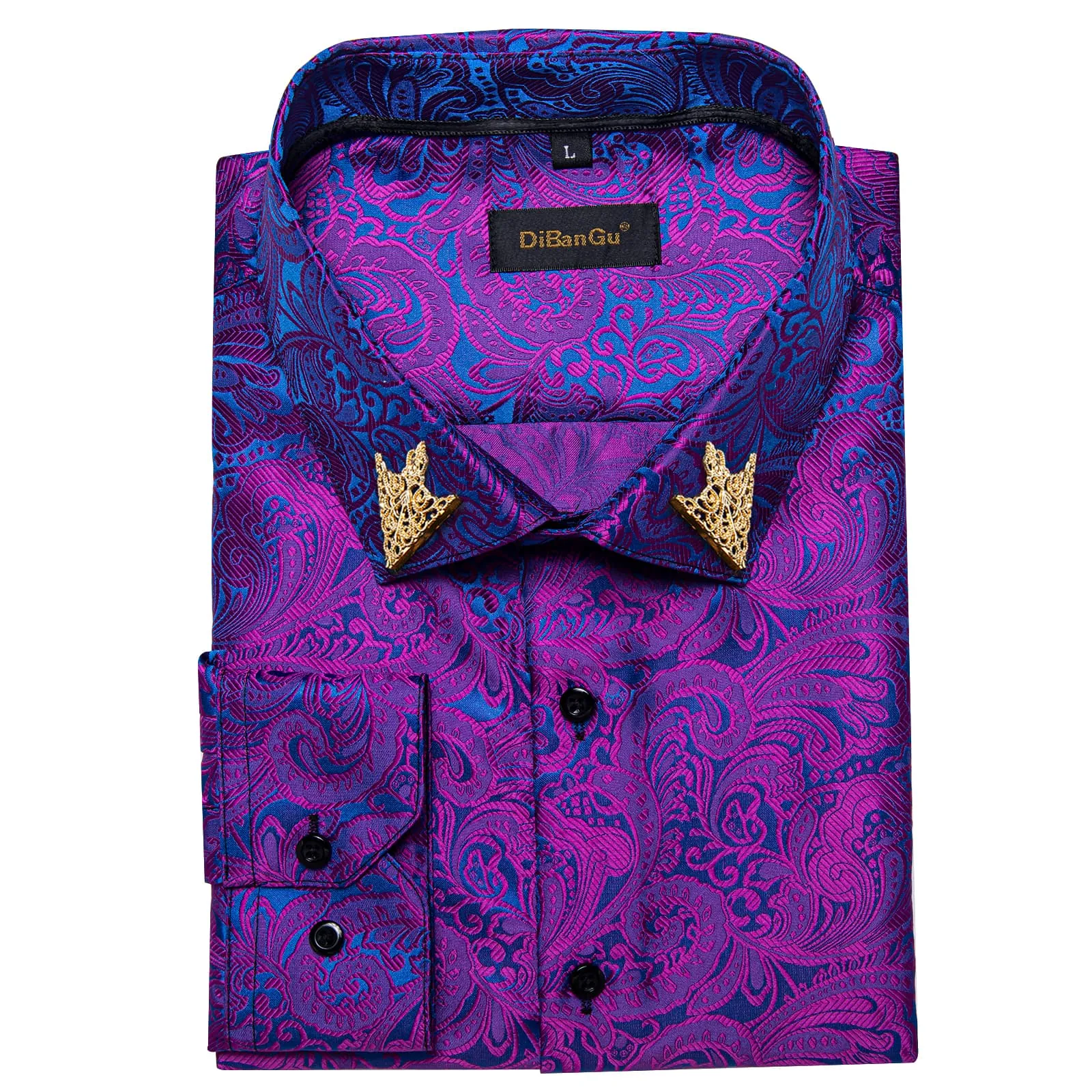 DiBanGu Tuxedo Shirt Purple Blue Floral Silk Button Up Men's Long Sleeve Dress Shirt