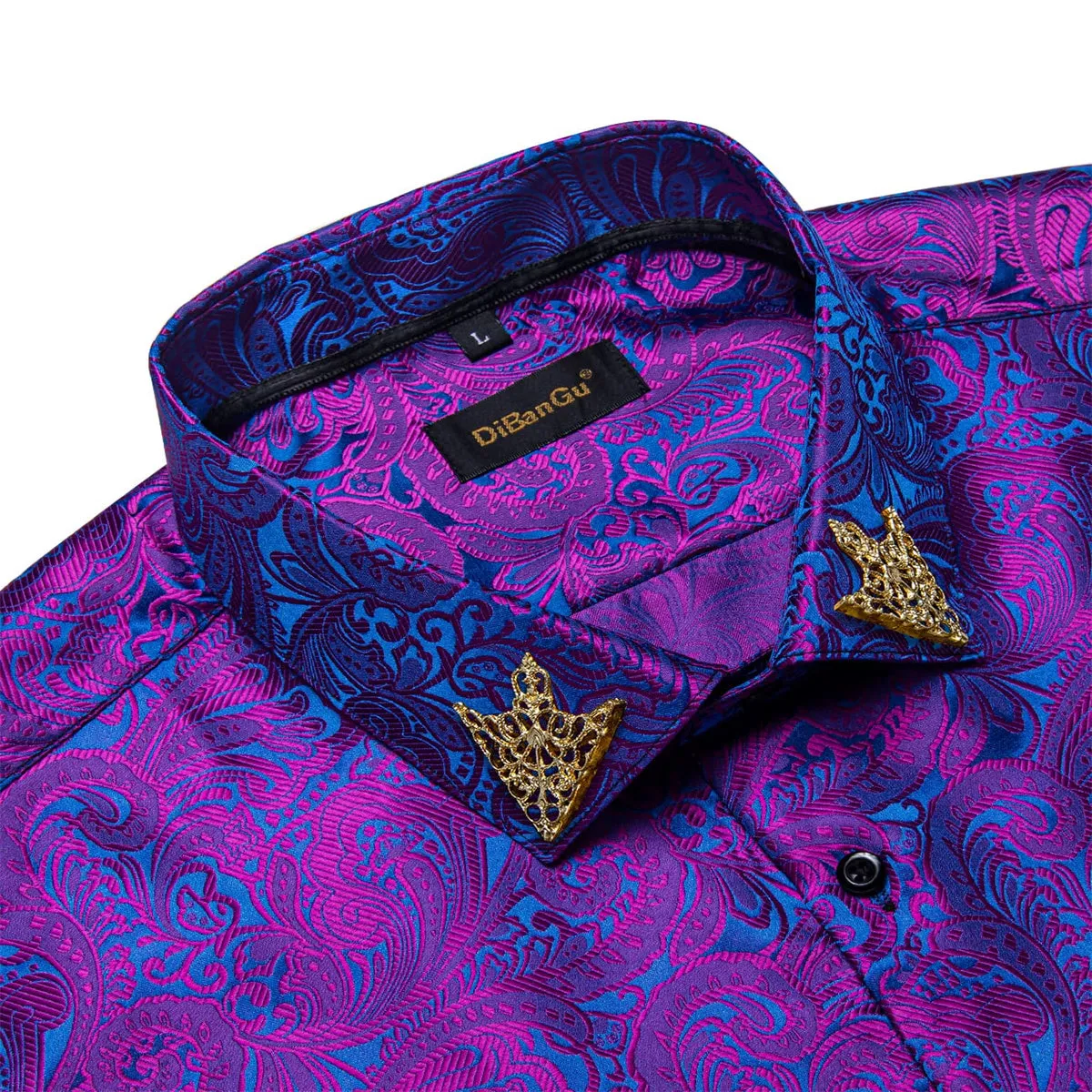 DiBanGu Tuxedo Shirt Purple Blue Floral Silk Button Up Men's Long Sleeve Dress Shirt