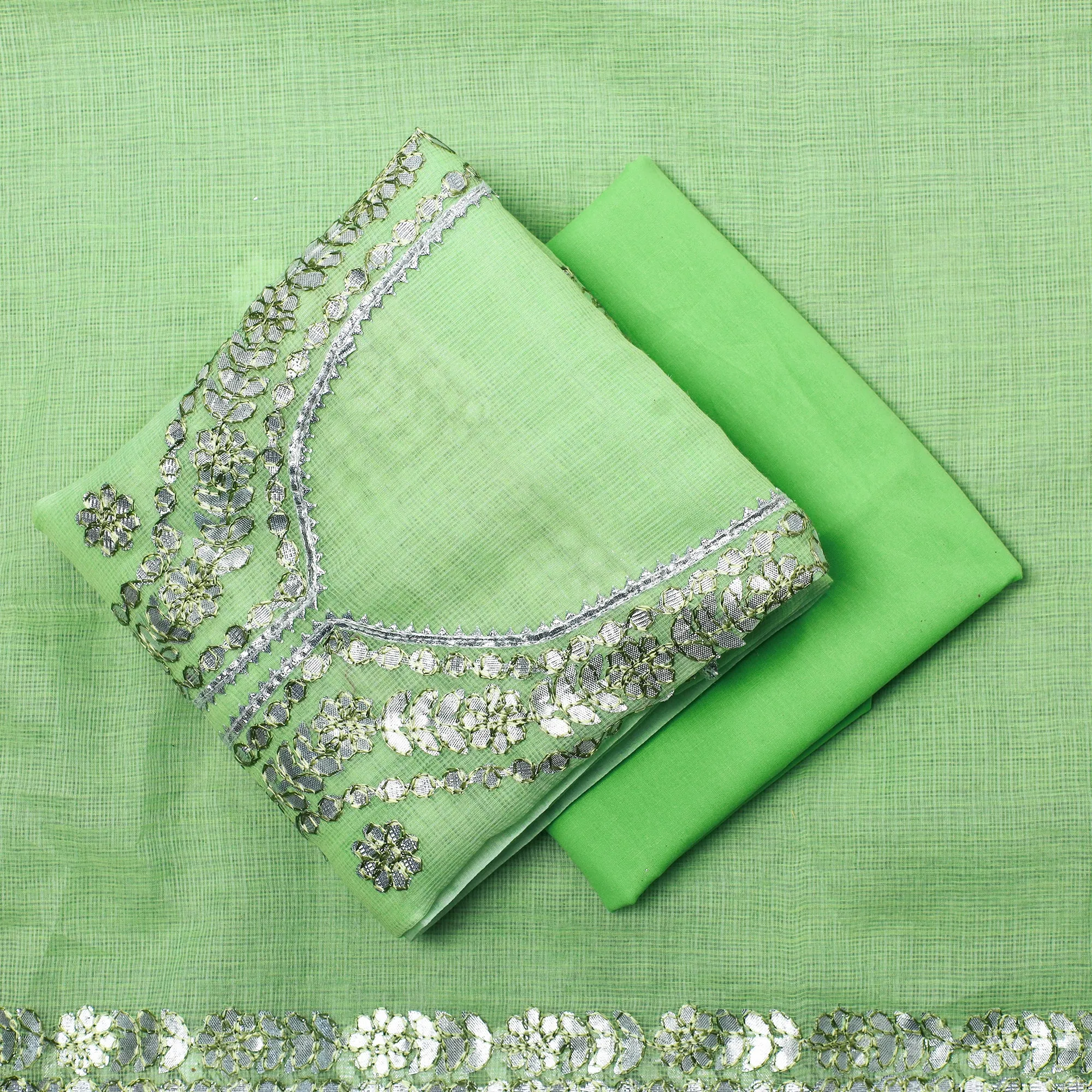 Green - 3pc Kota Doria Cotton Gota Patti Work Suit Material Set 08