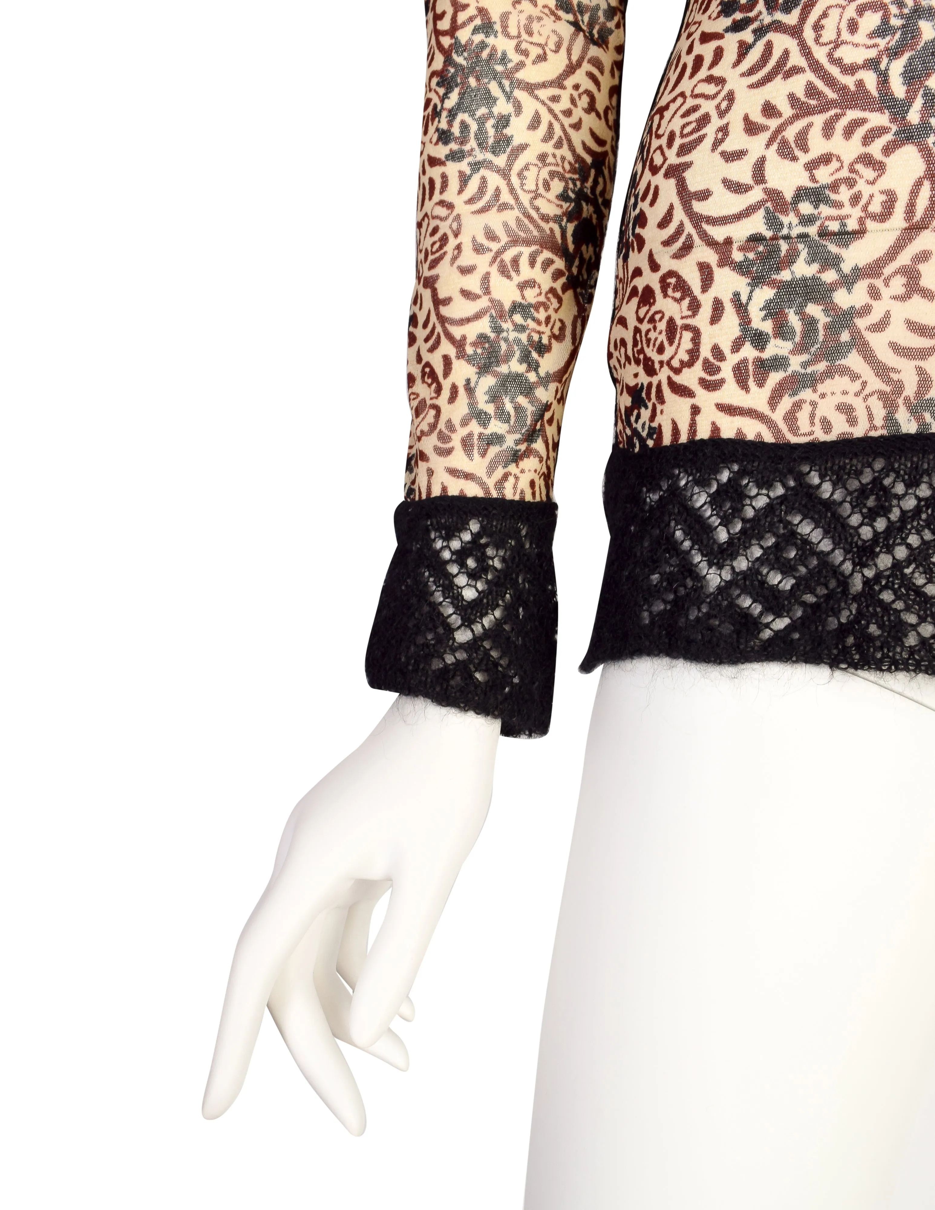 Jean Paul Gaultier Vintage Beige Burgundy Black Floral Damask Mesh Top