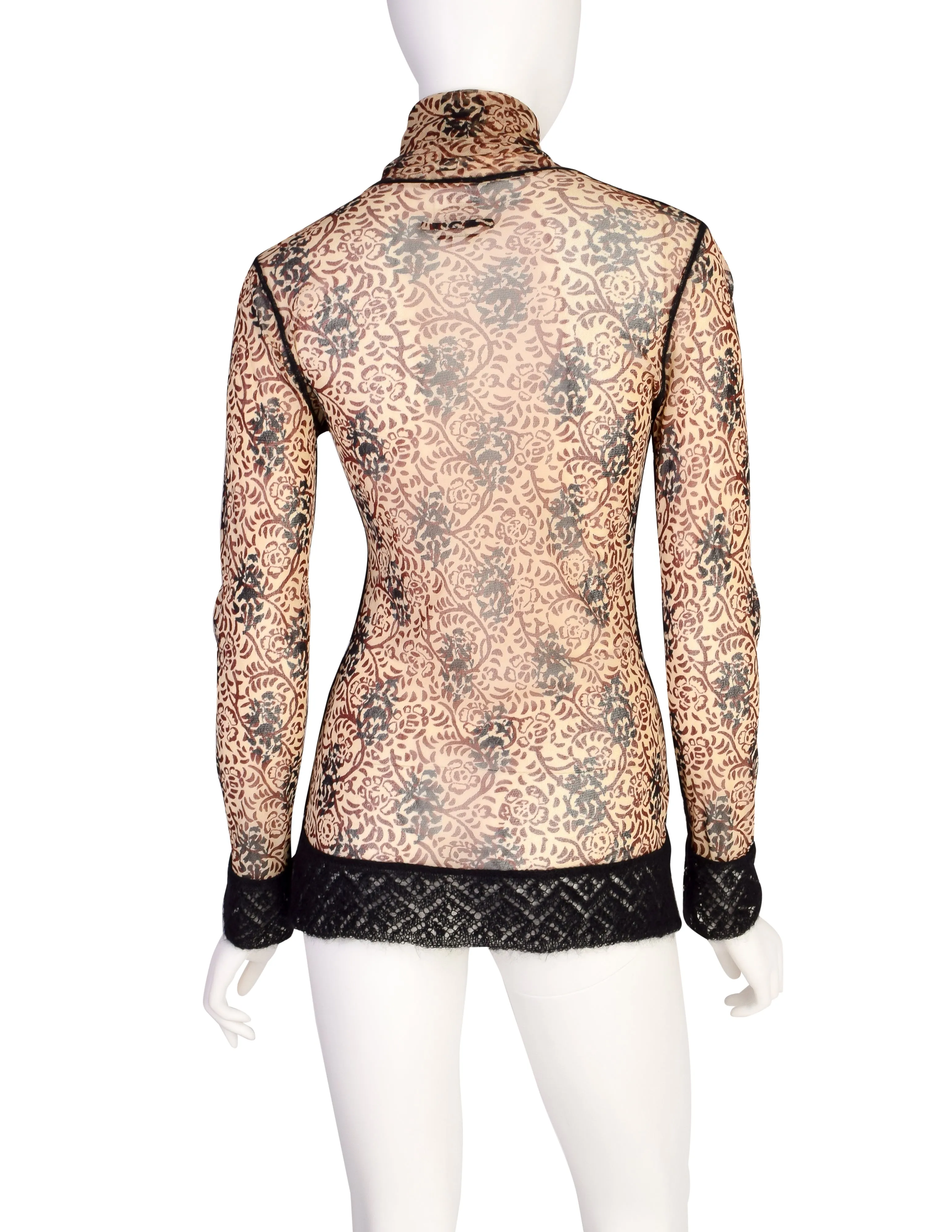 Jean Paul Gaultier Vintage Beige Burgundy Black Floral Damask Mesh Top