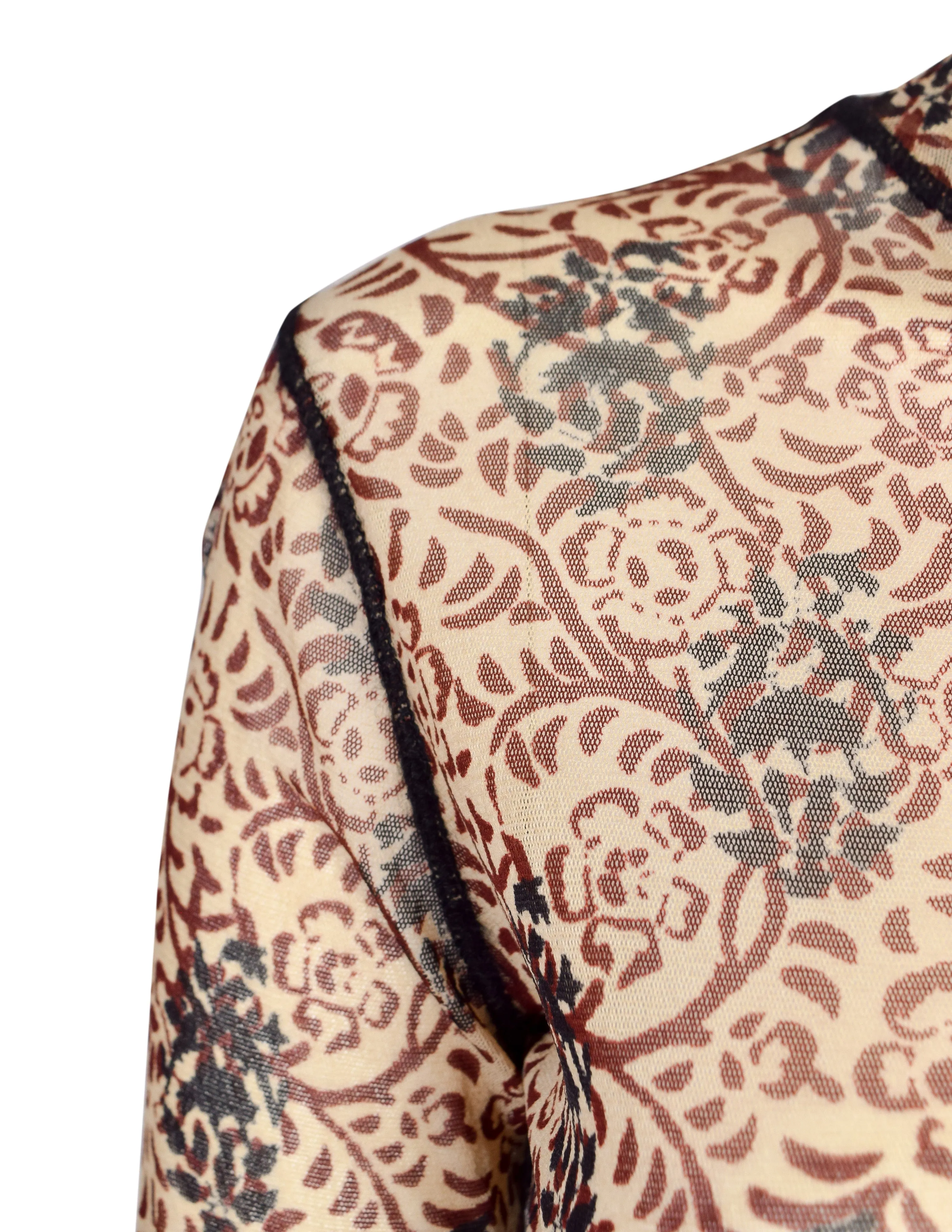 Jean Paul Gaultier Vintage Beige Burgundy Black Floral Damask Mesh Top
