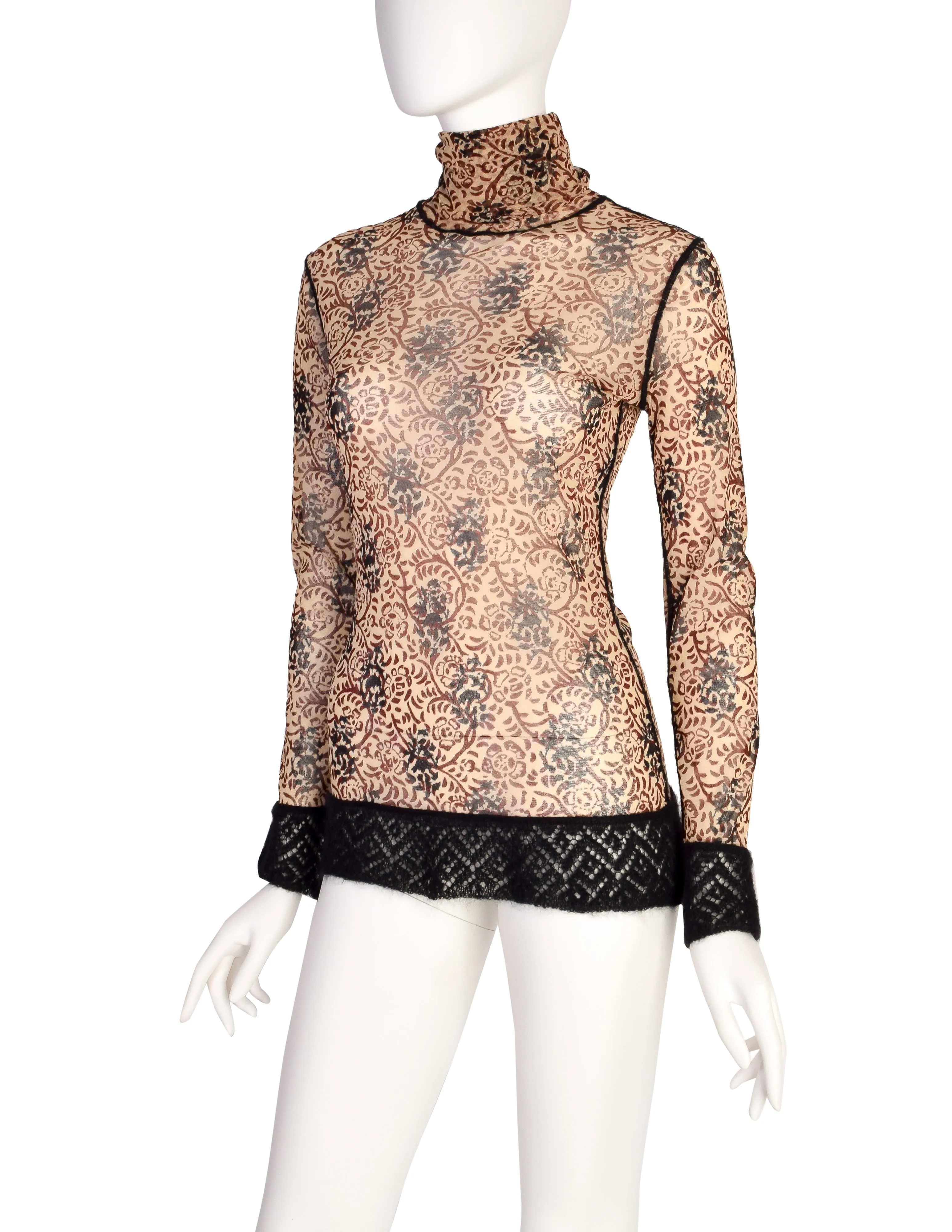 Jean Paul Gaultier Vintage Beige Burgundy Black Floral Damask Mesh Top