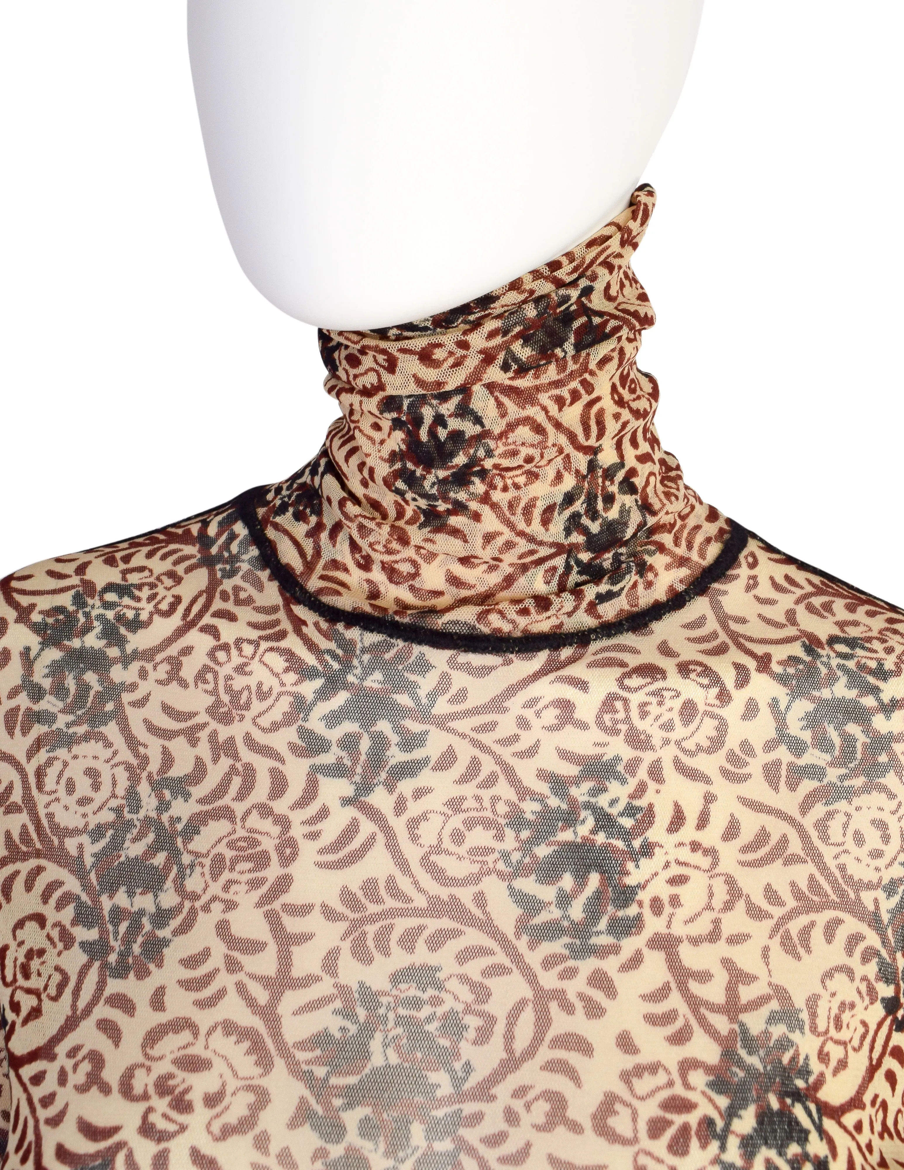 Jean Paul Gaultier Vintage Beige Burgundy Black Floral Damask Mesh Top