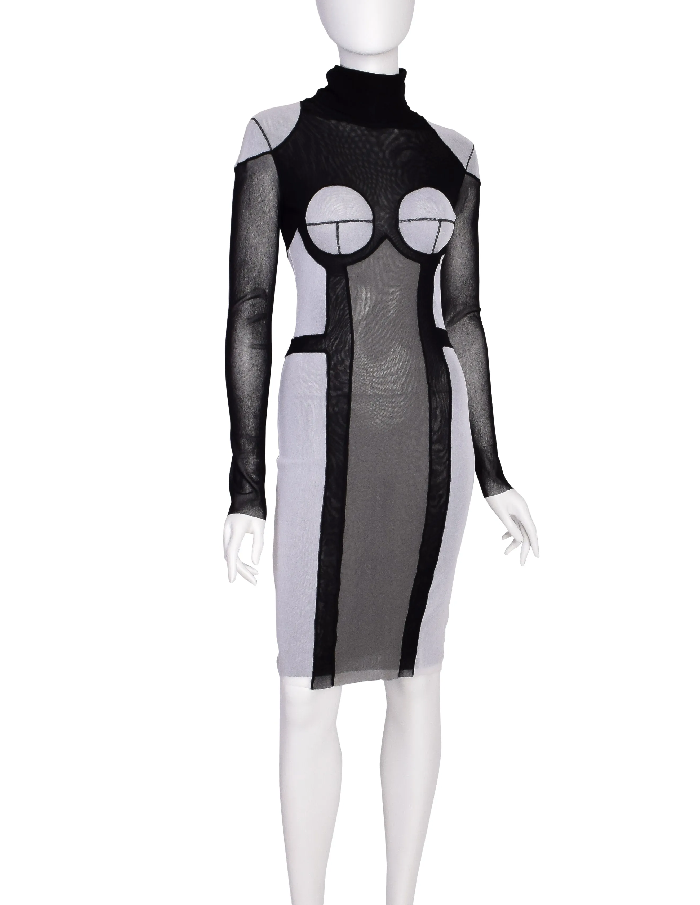 Jean Paul Gaultier Vintage Black Grey Trompe L'oeil Patchwork Mesh Turtleneck Dress