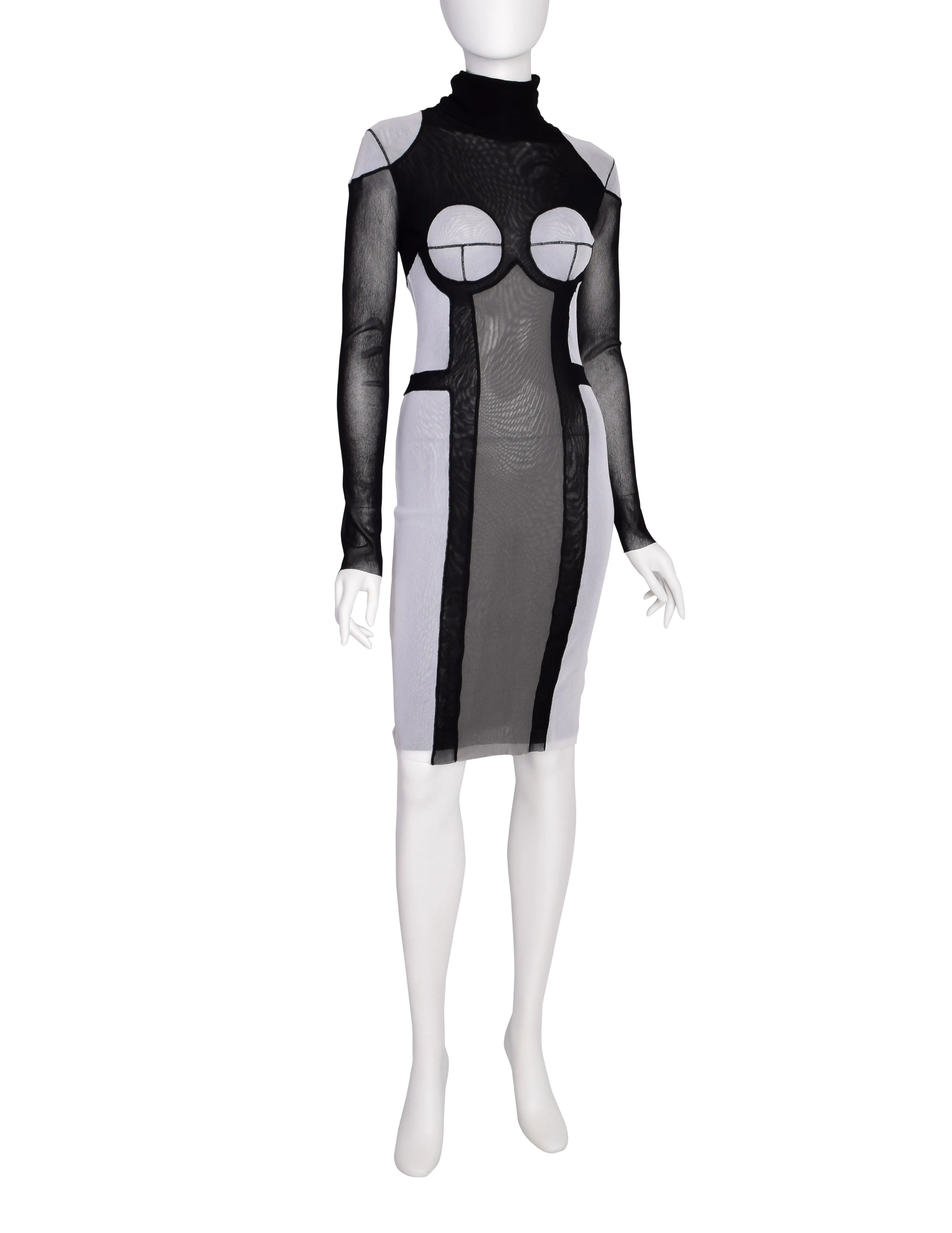 Jean Paul Gaultier Vintage Black Grey Trompe L'oeil Patchwork Mesh Turtleneck Dress