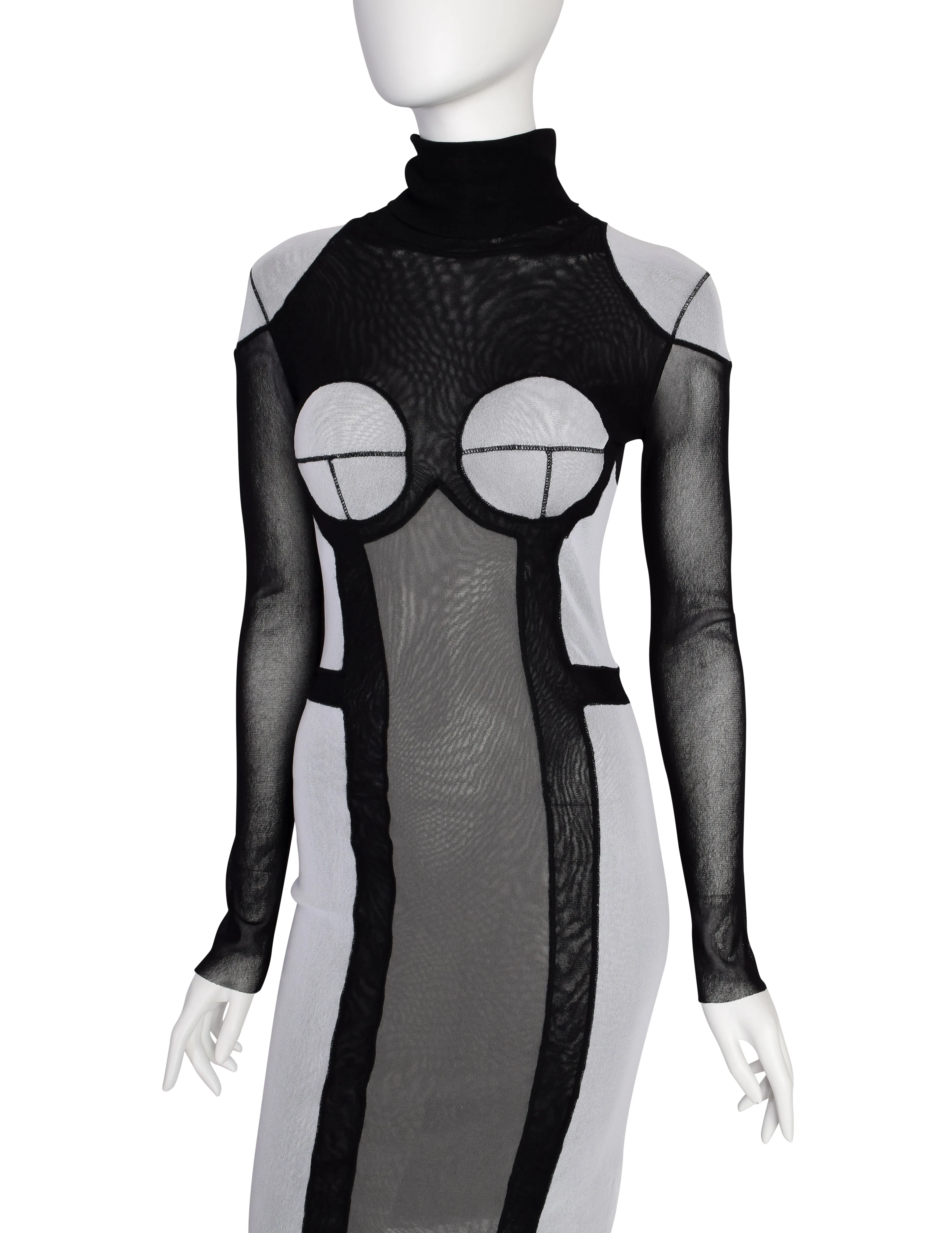 Jean Paul Gaultier Vintage Black Grey Trompe L'oeil Patchwork Mesh Turtleneck Dress