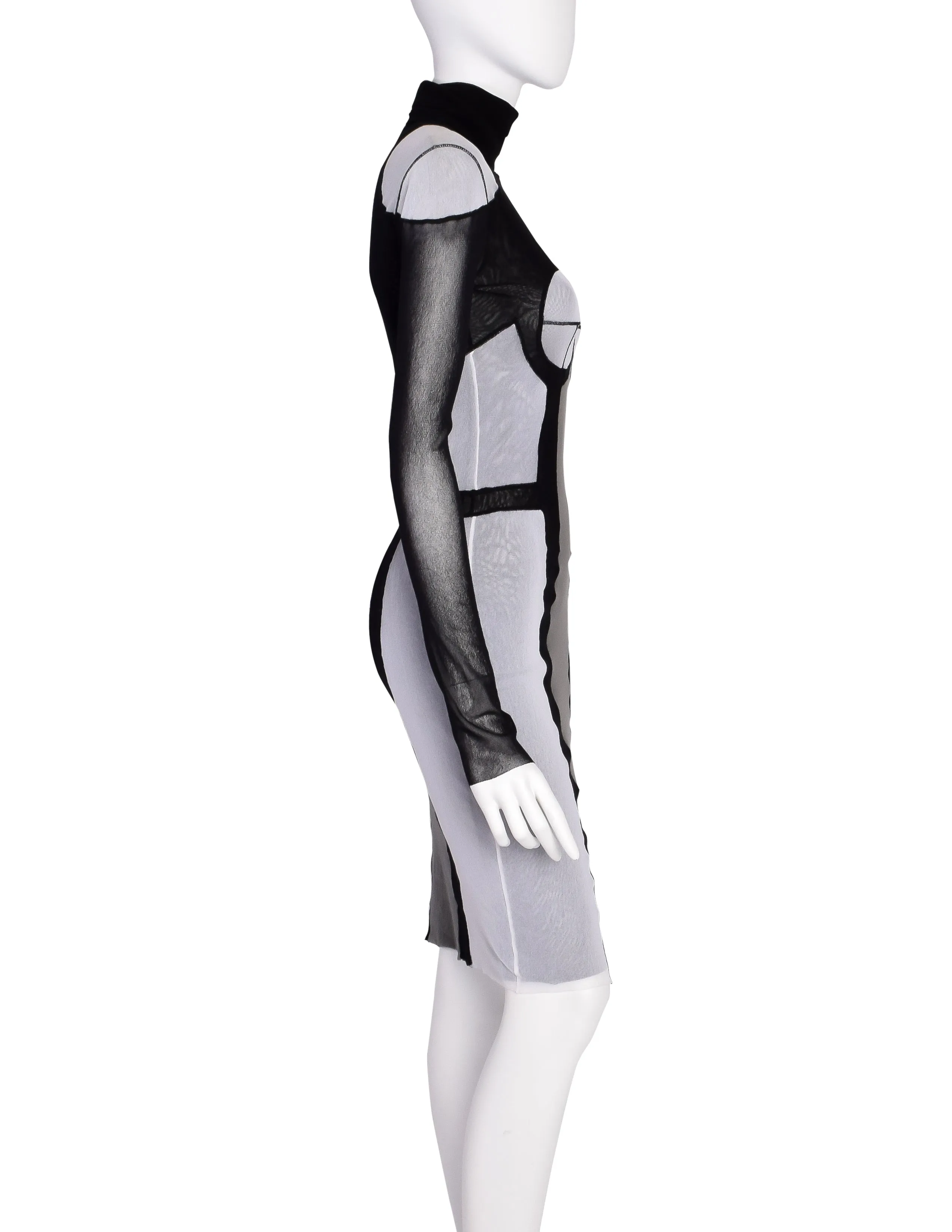 Jean Paul Gaultier Vintage Black Grey Trompe L'oeil Patchwork Mesh Turtleneck Dress