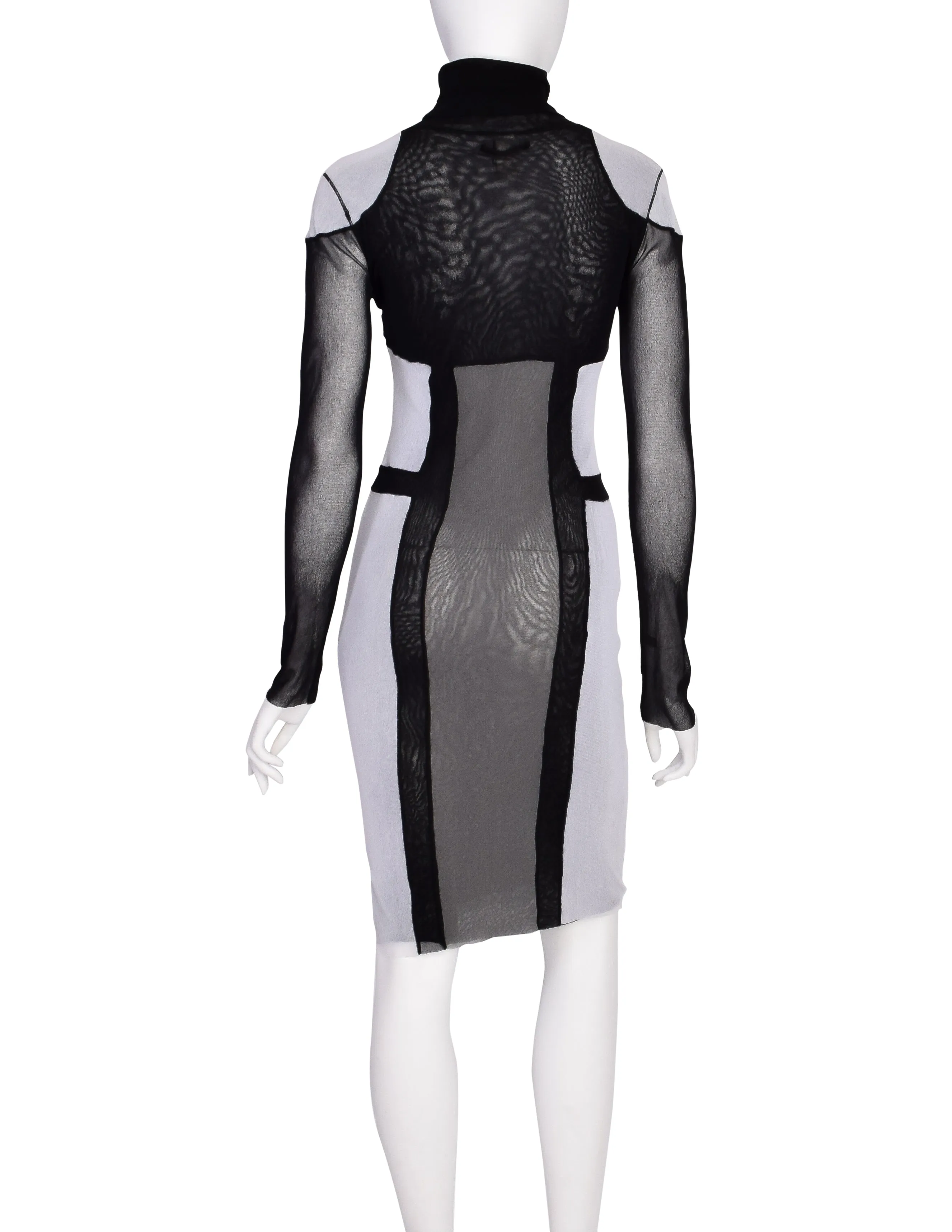 Jean Paul Gaultier Vintage Black Grey Trompe L'oeil Patchwork Mesh Turtleneck Dress