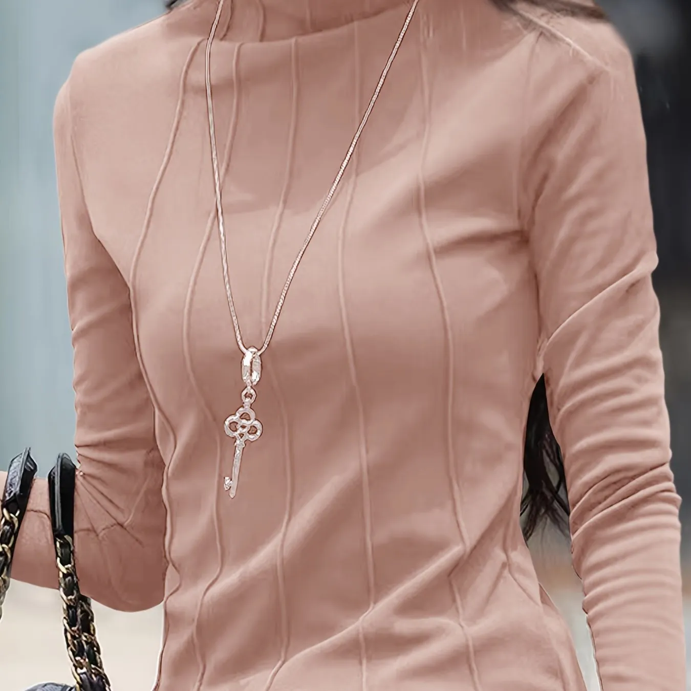 Long Sleeve Solid Turtleneck Slim T-Shirt for Women, Versatile for Spring & Fall