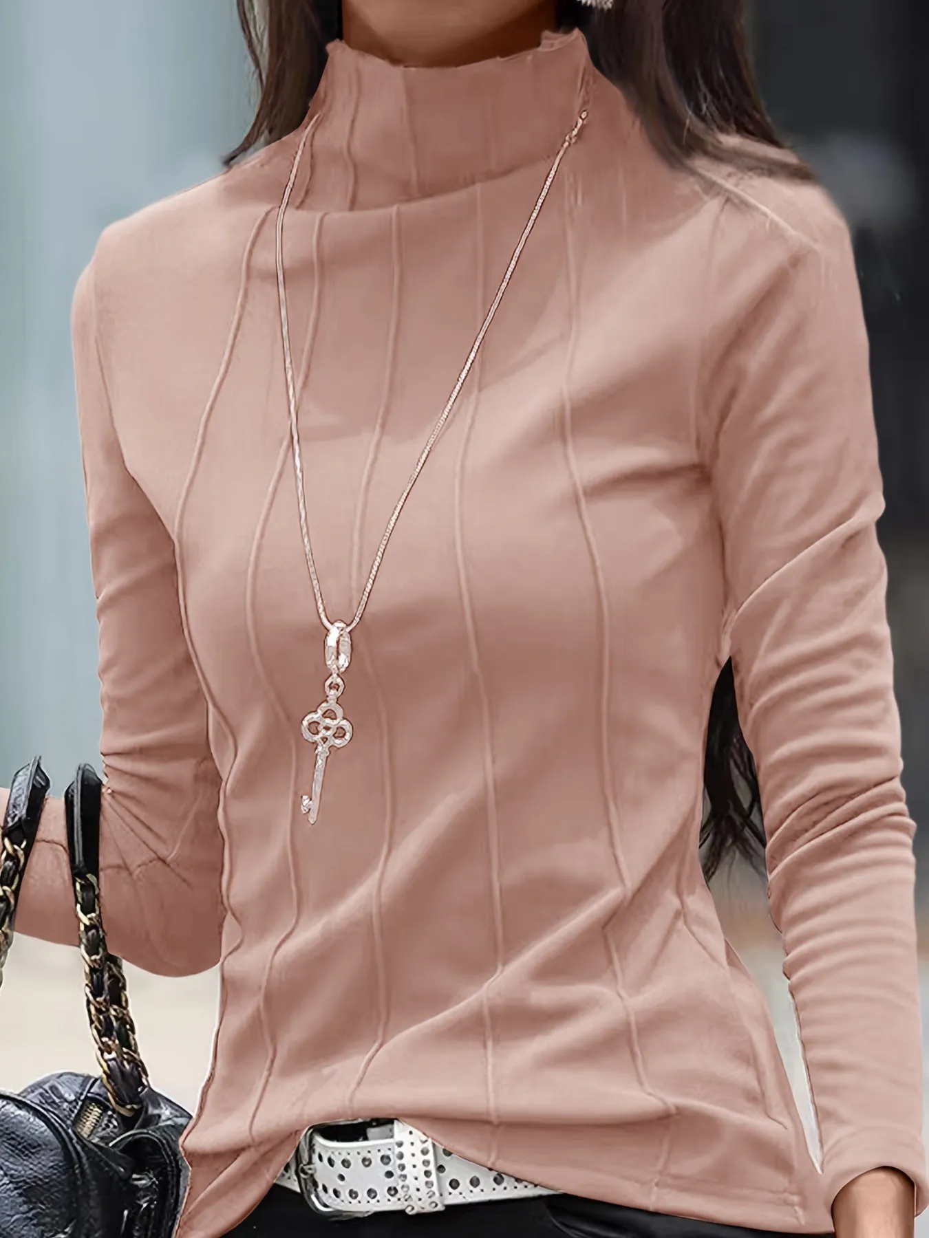 Long Sleeve Solid Turtleneck Slim T-Shirt for Women, Versatile for Spring & Fall