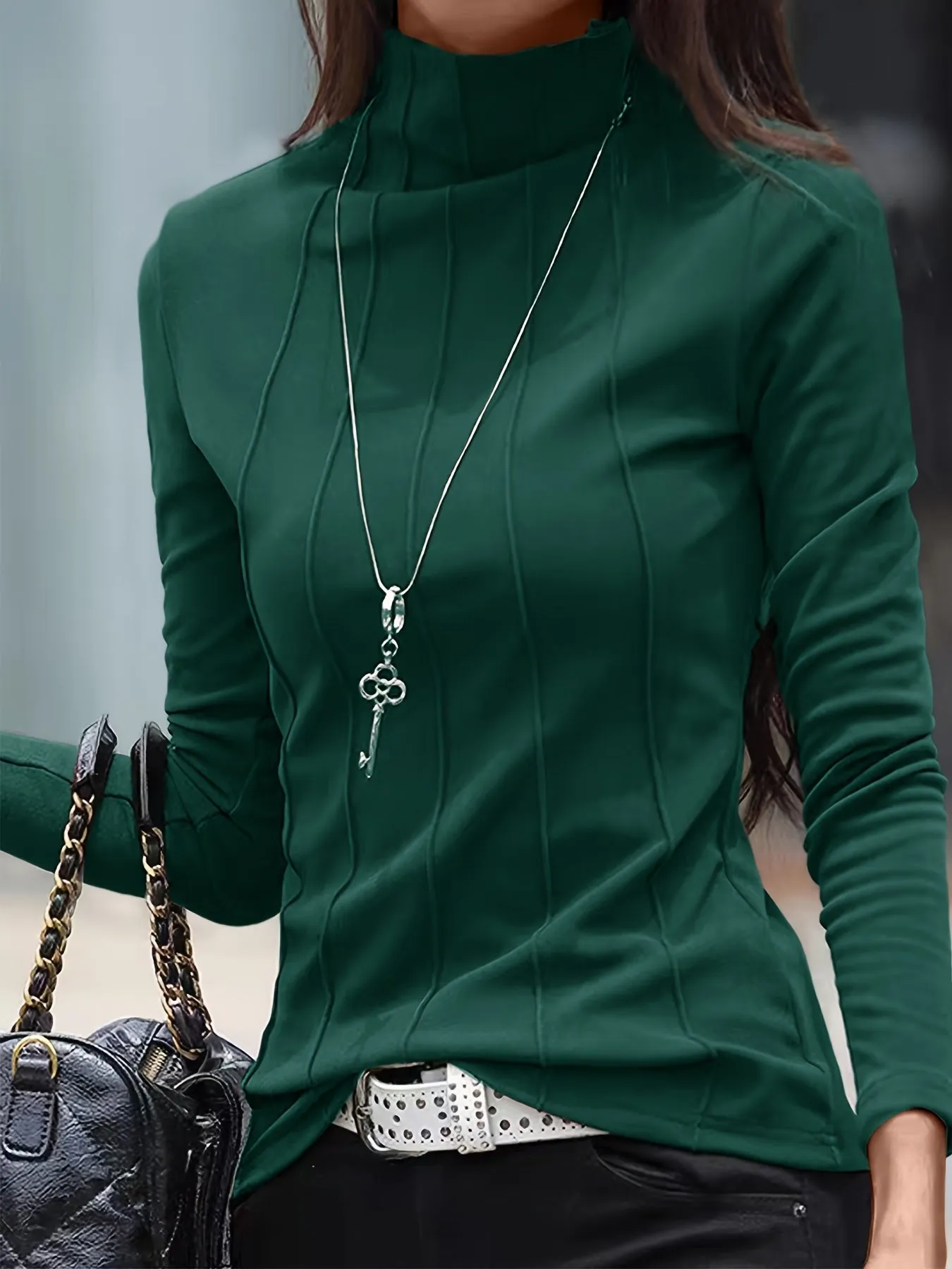 Long Sleeve Solid Turtleneck Slim T-Shirt for Women, Versatile for Spring & Fall