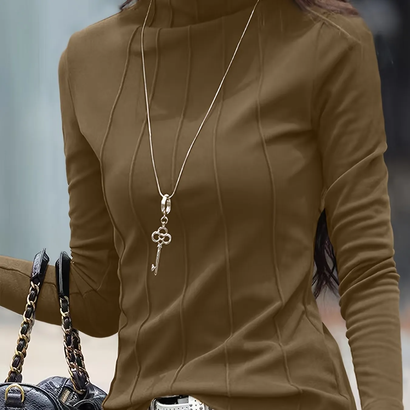 Long Sleeve Solid Turtleneck Slim T-Shirt for Women, Versatile for Spring & Fall