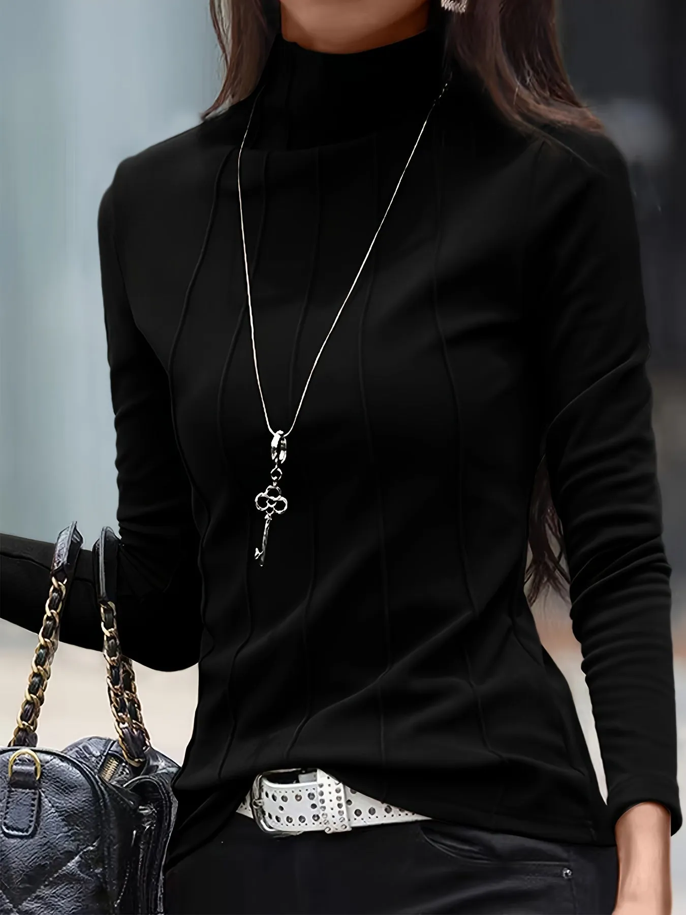 Long Sleeve Solid Turtleneck Slim T-Shirt for Women, Versatile for Spring & Fall