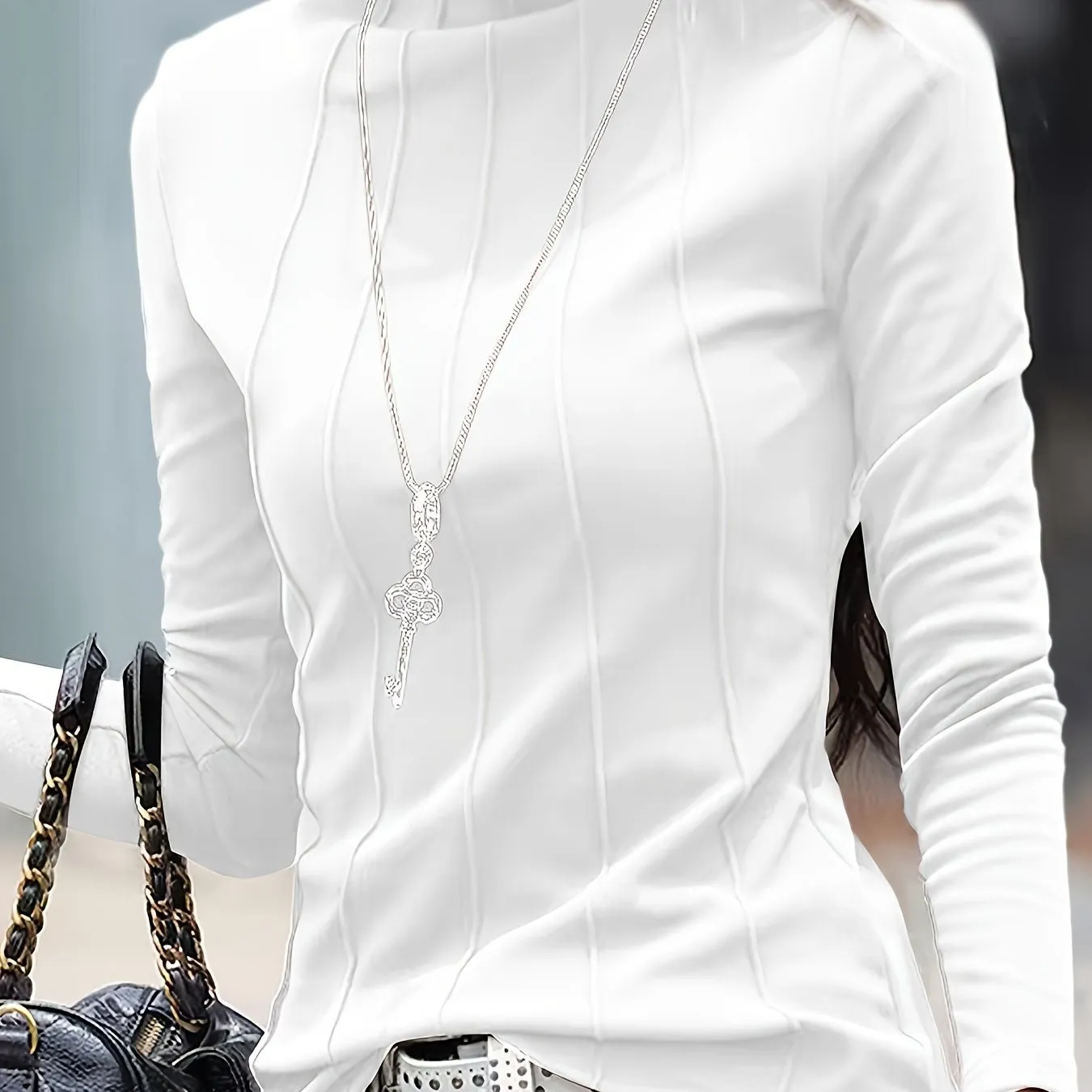 Long Sleeve Solid Turtleneck Slim T-Shirt for Women, Versatile for Spring & Fall