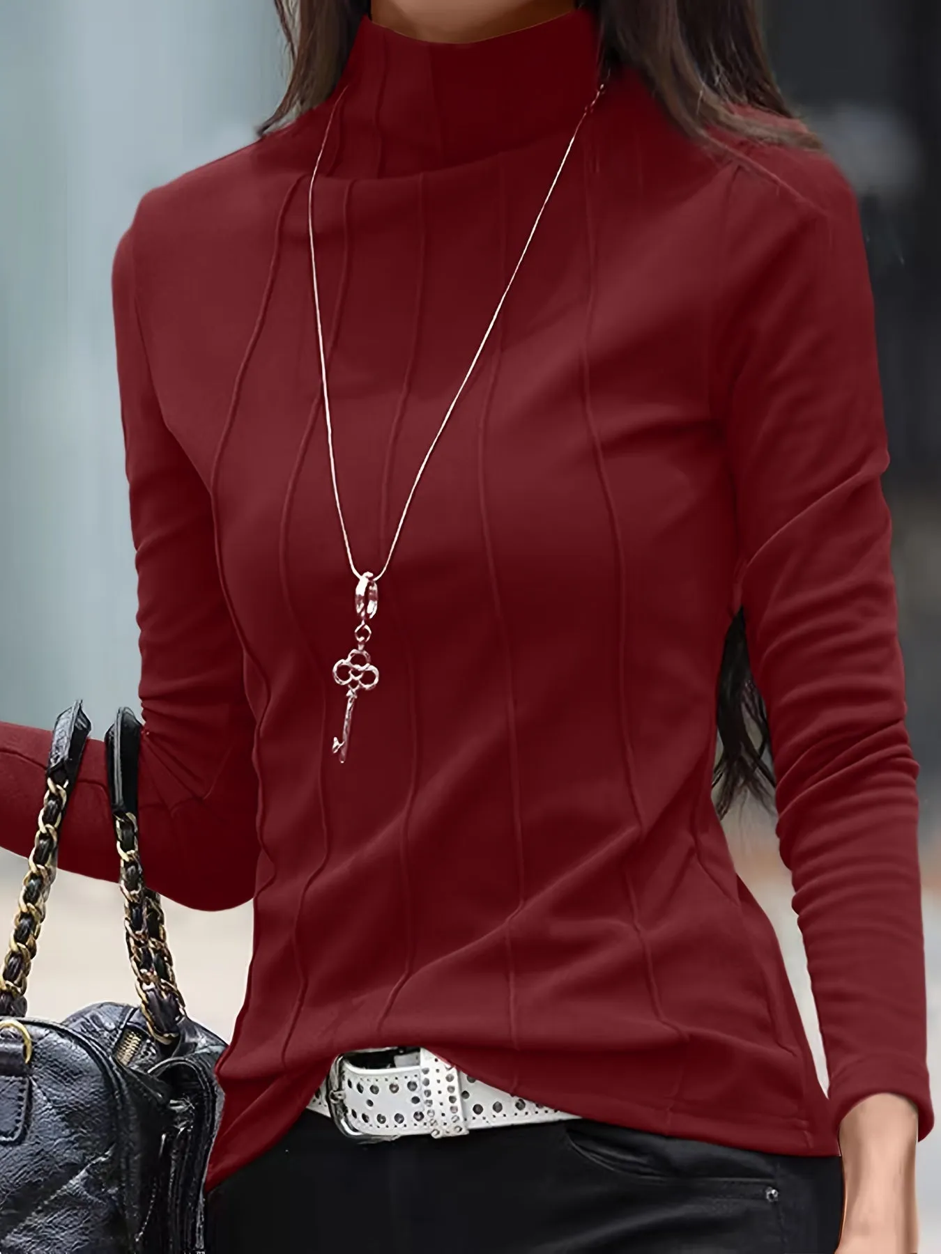 Long Sleeve Solid Turtleneck Slim T-Shirt for Women, Versatile for Spring & Fall