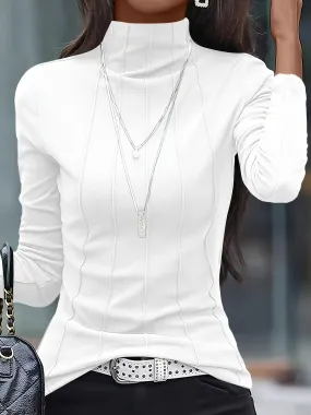 Long Sleeve Solid Turtleneck Slim T-Shirt for Women, Versatile for Spring & Fall